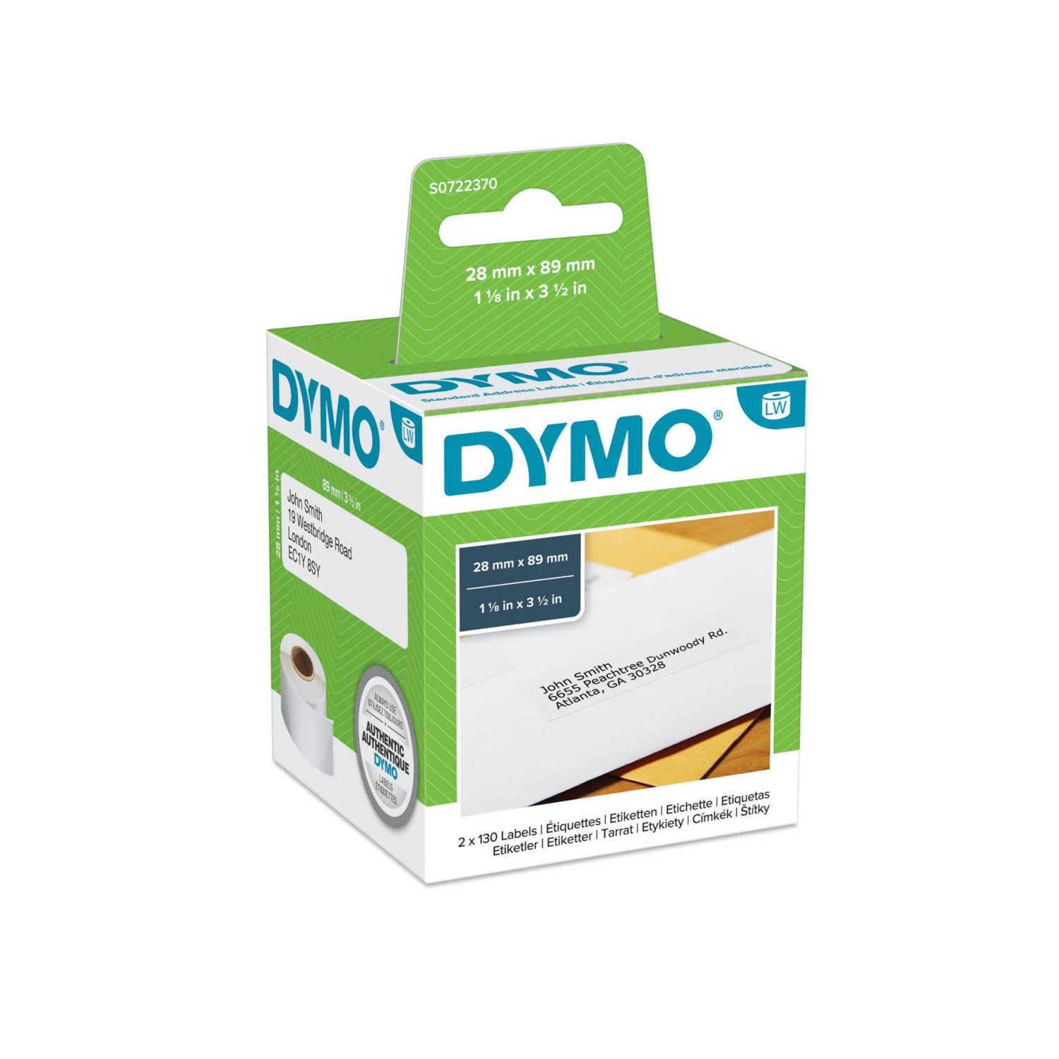DYMO-Etikettenverpackung mit Größenangabe und Adressbeispielen.