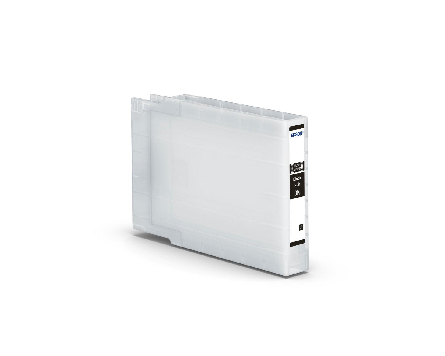 Een witte Epson inktcartridge container voor zwarte inkt.