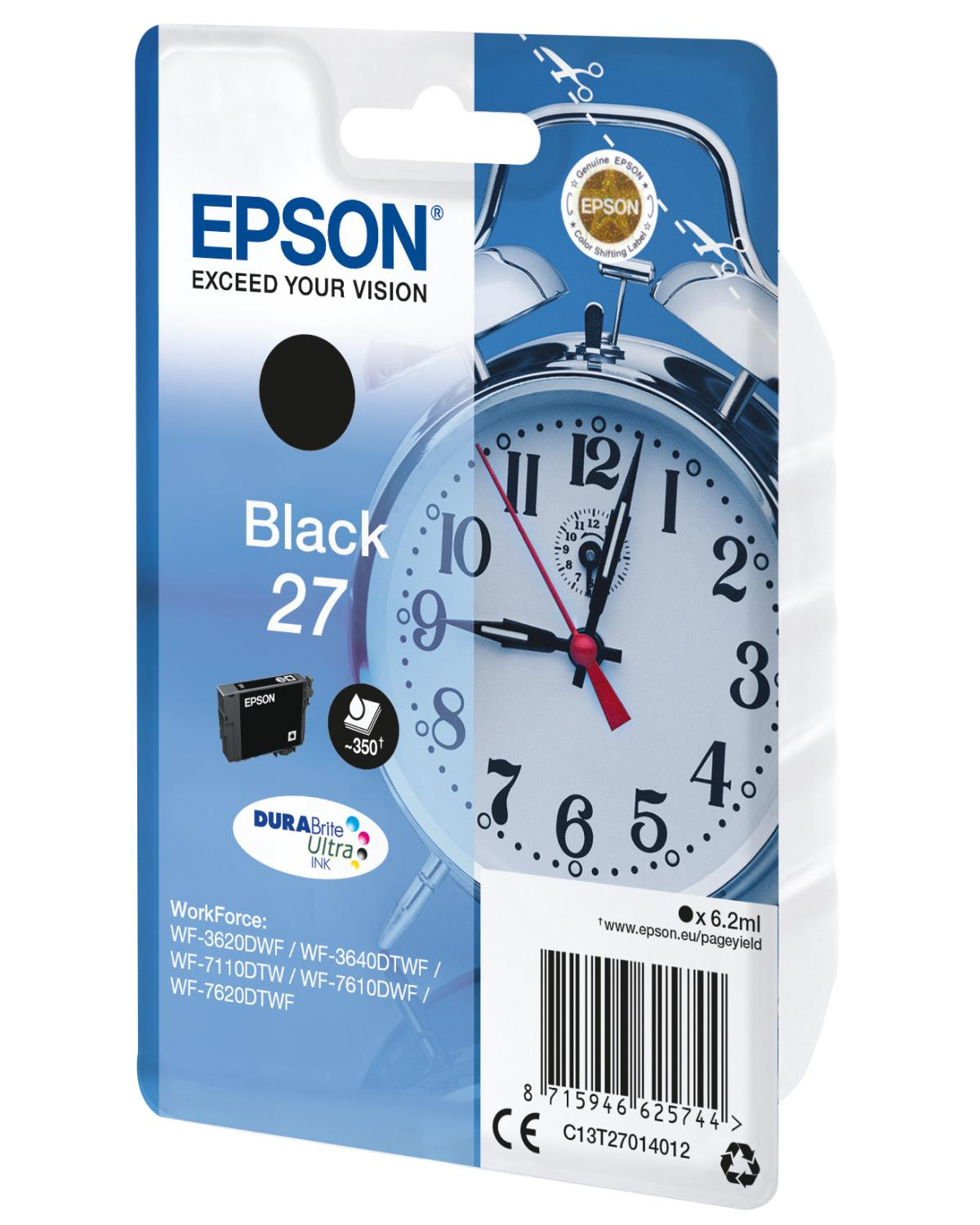 Emballage cartouche d'encre Epson Noir 27 avec motif réveil. 6,2 ml d'encre.
