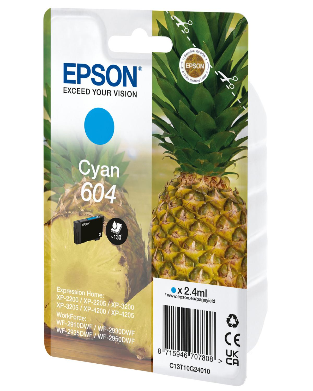 Cartouche d'encre Epson Cyan 604 avec design ananas et détails produit.