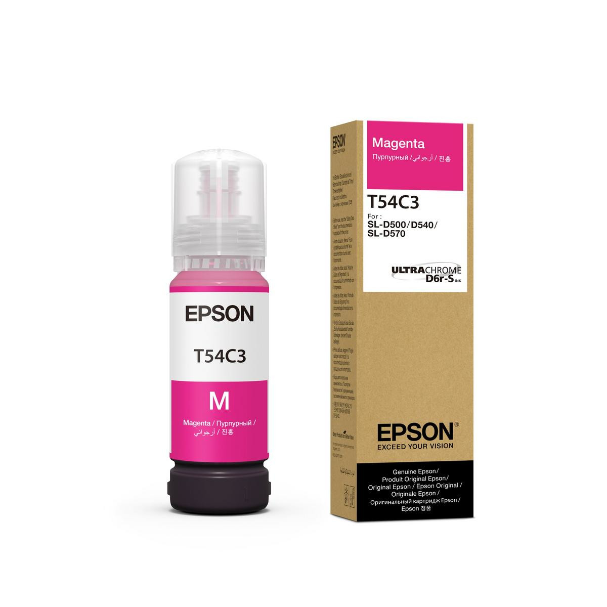Epson T54C3 Magenta Tinte Flasche und Karton.