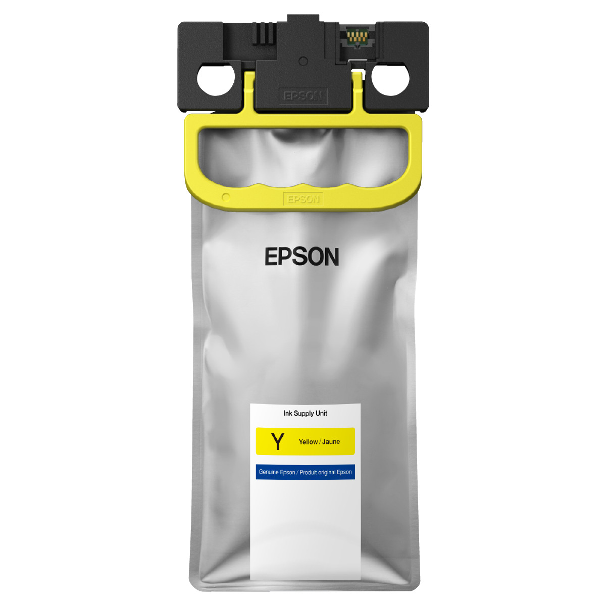 Unità di alimentazione inchiostro Epson gialla con manico giallo e connettore nero.