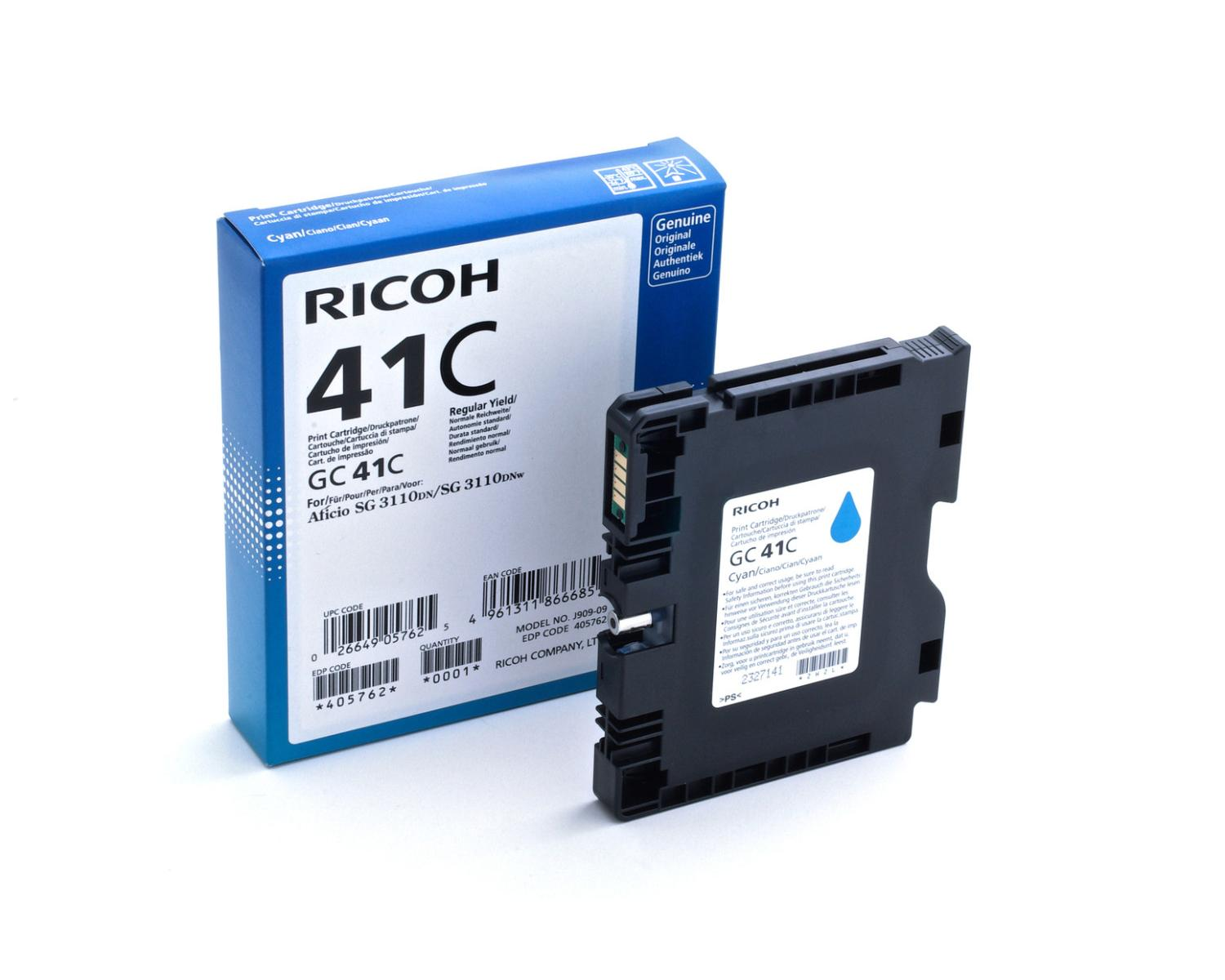 Ricoh GC 41C cyaan printcartridge en doos op witte achtergrond.