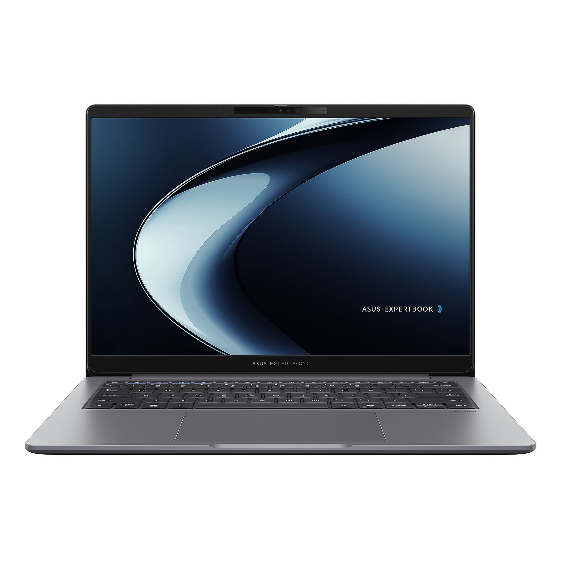 Un laptop argentato aperto con tastiera nera e sfondo blu astratto sullo schermo.