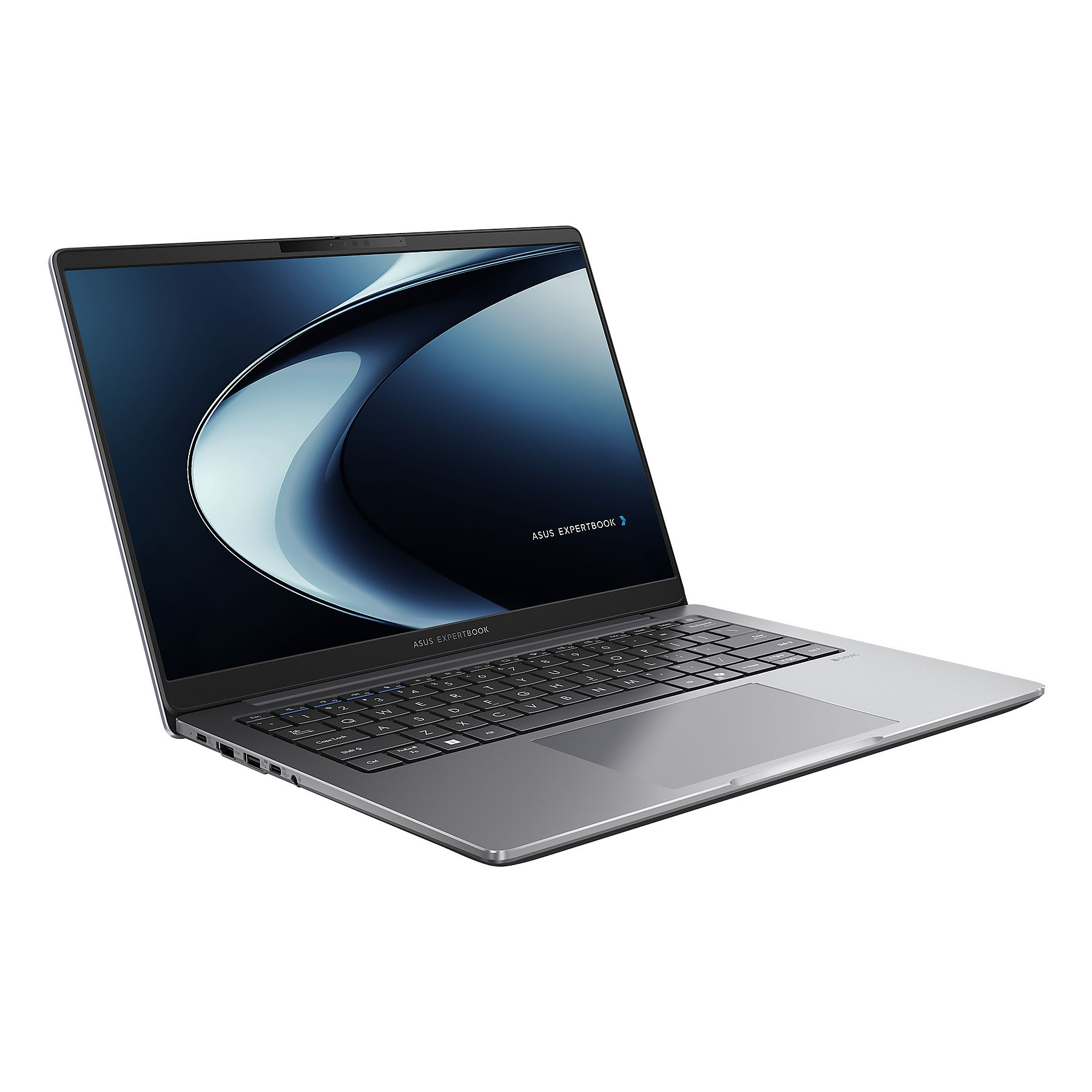 Un laptop Asus Expertbook aperto, argento, con tastiera e schermo.