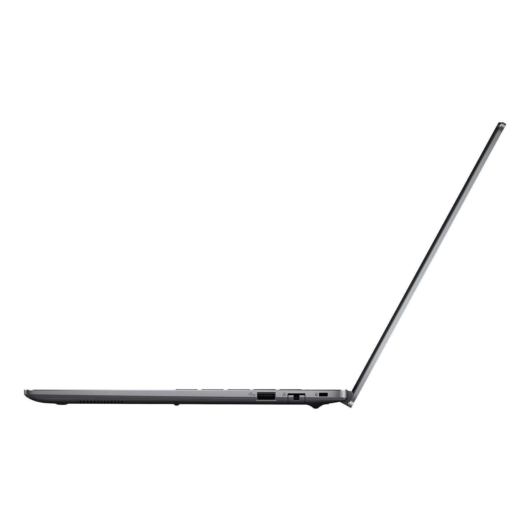 Laptop grigio di profilo, schermo aperto, sfondo bianco.