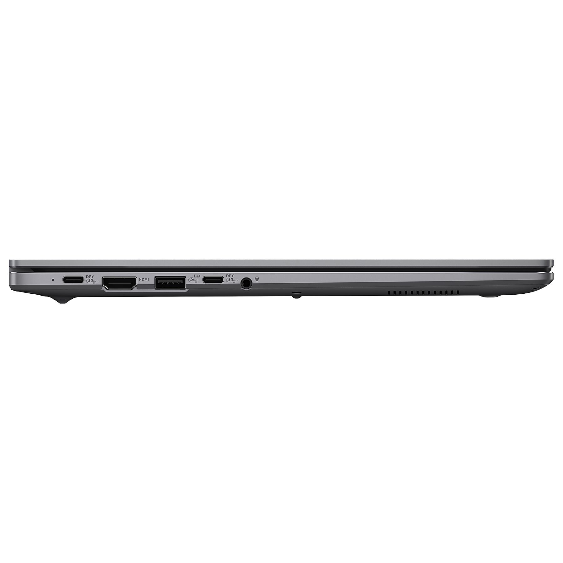 Vista laterale di un laptop che mostra le porte: HDMI, USB-C, jack audio.