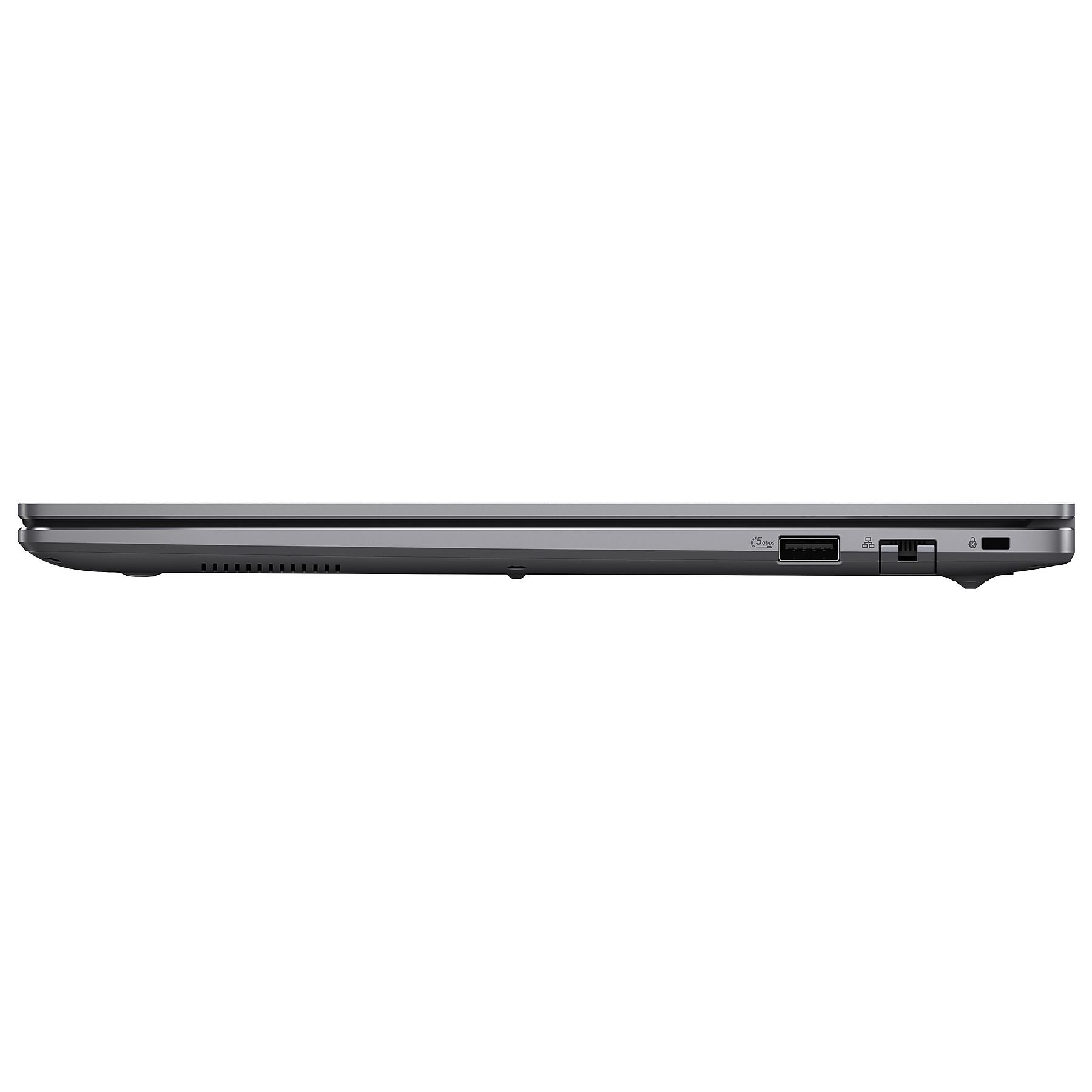 Vista laterale di un laptop grigio che mostra porte come USB e di alimentazione.