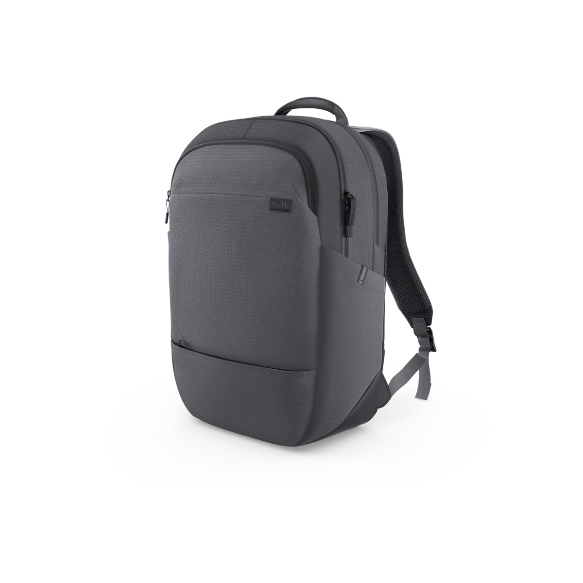 Mochila gris texturizada con detalles más oscuros, elegante y moderna.