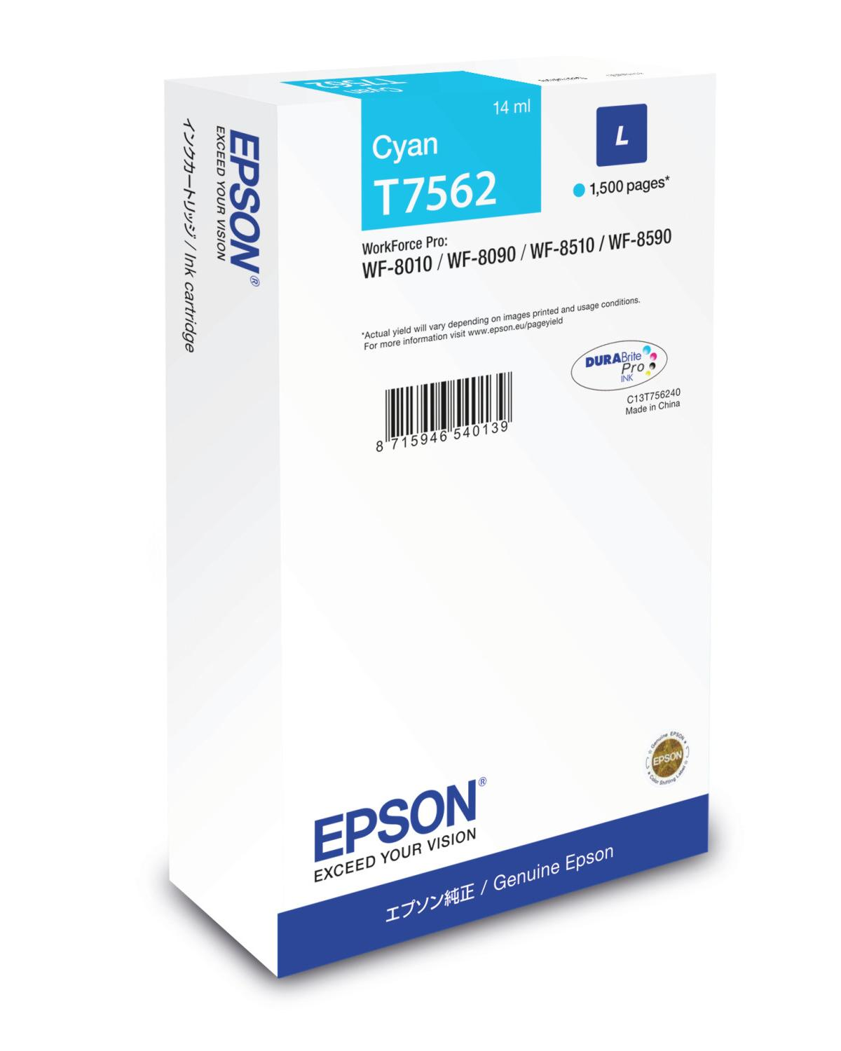 Cartucho de tinta Epson T7562 Cyan, 14 ml, para Workforce Pro, 1500 páginas.
