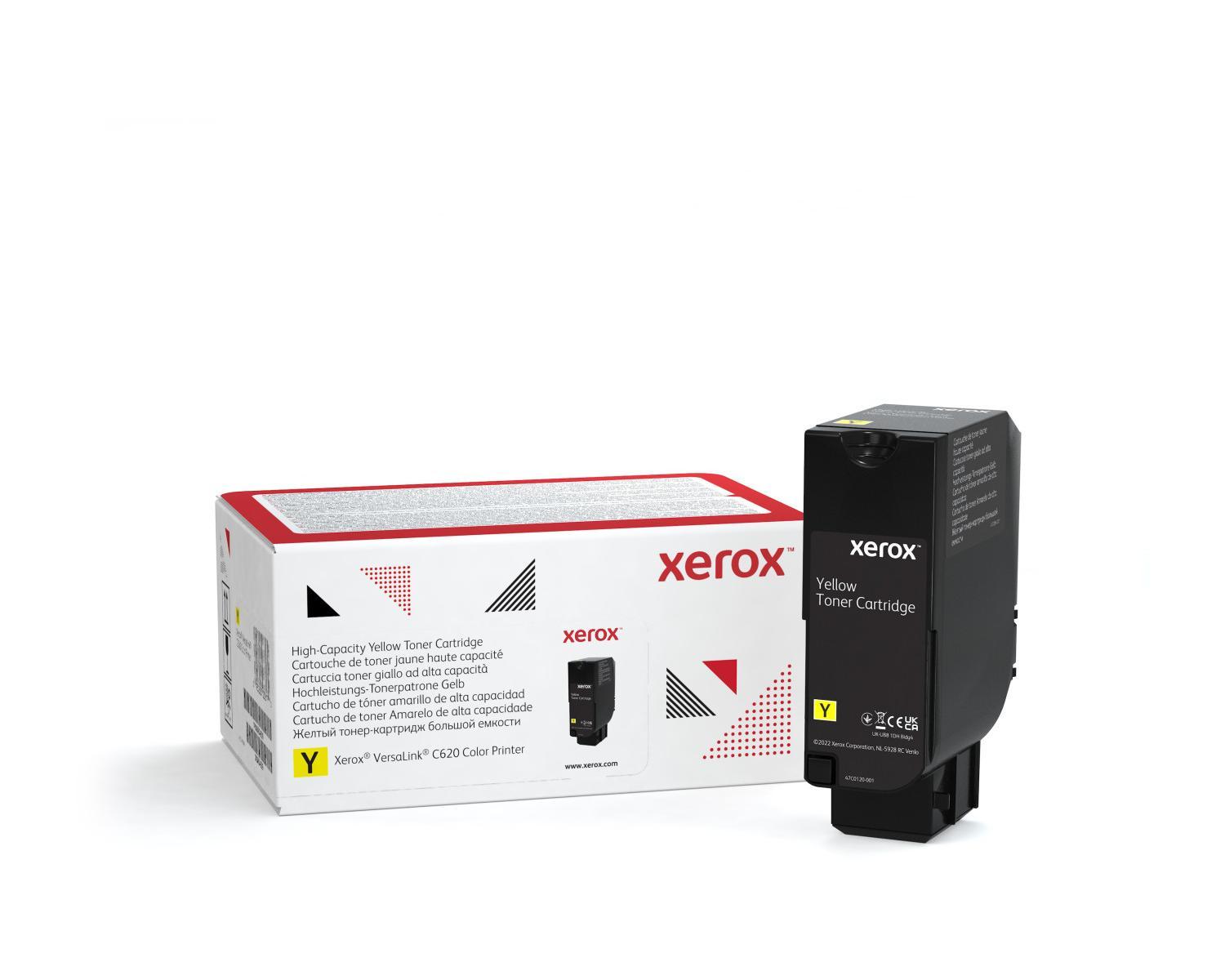 Una cartuccia toner Xerox gialla accanto alla sua scatola. Sfondo bianco.