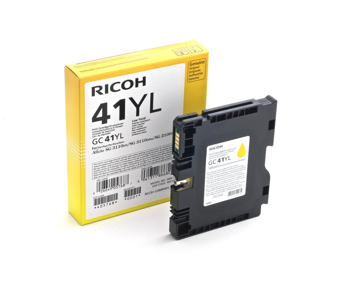 Een gele Ricoh 41YL inktcartridge doos en een cartridge.