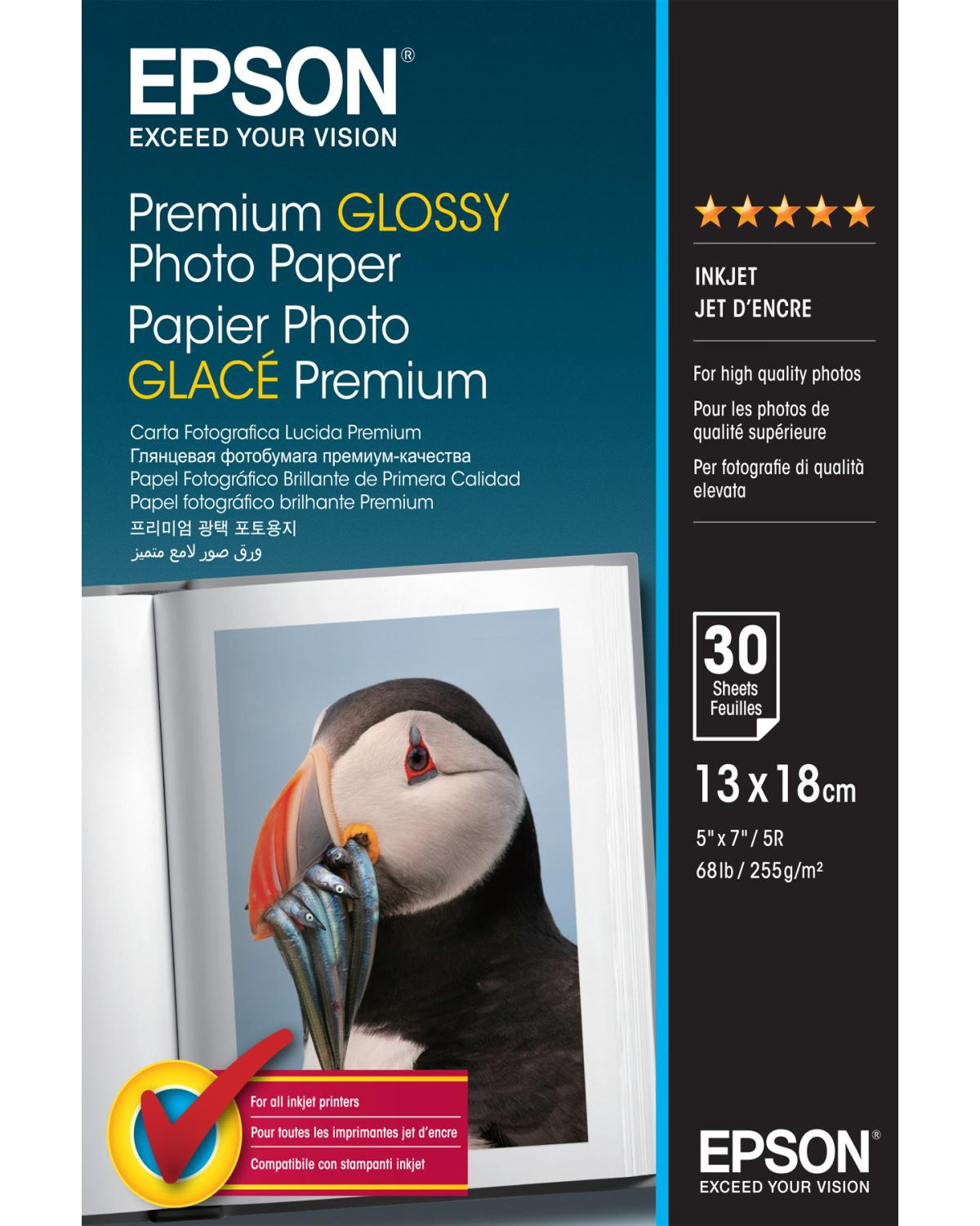 Epson Premium Glossy Fotopapier mit einem Papageitaucher, der Fische im Schnabel hält.