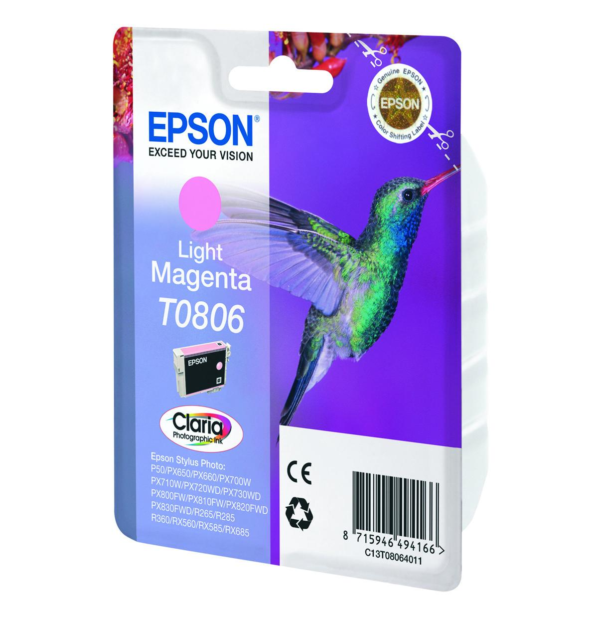 Cartouche d'encre Epson Light Magenta T0806 avec design de colibri, code-barres et marque CE.