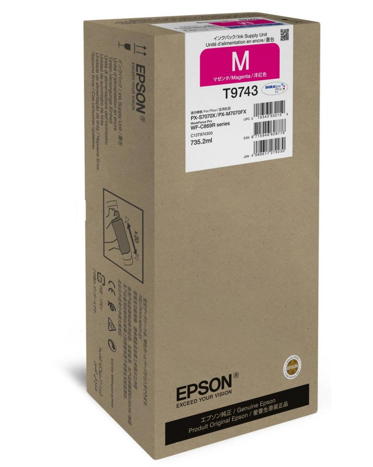 Epson Ink T9743 Magenta, 735.2ml, voor WorkForce Pro WF-C869R Series.