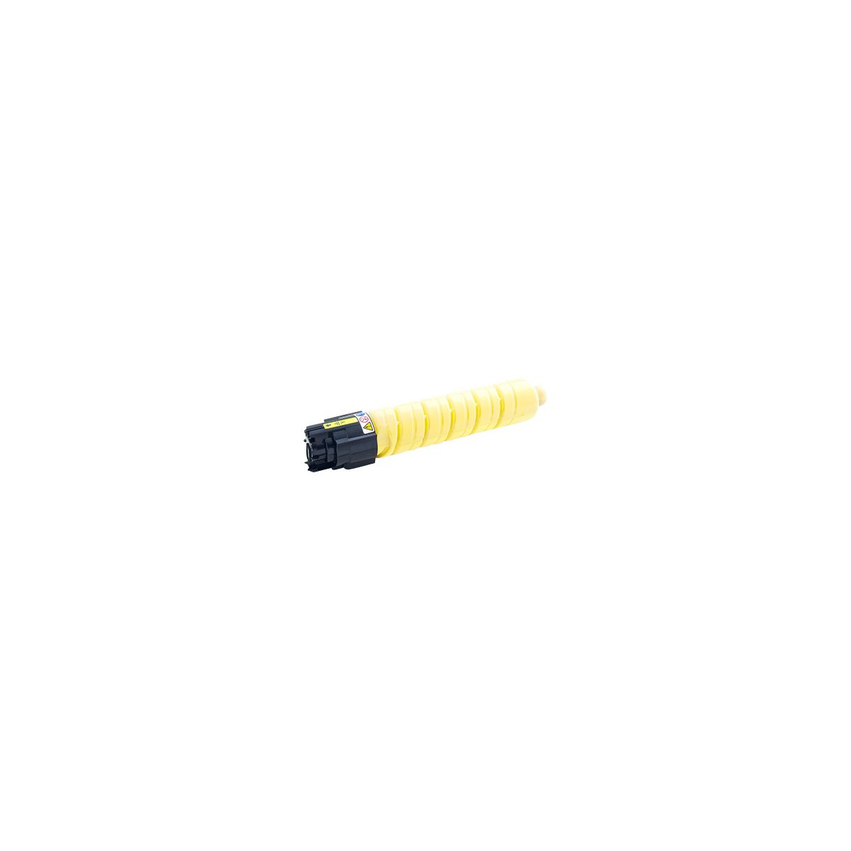 Un cilindro de cartucho de tóner amarillo con conector negro y símbolos de advertencia.