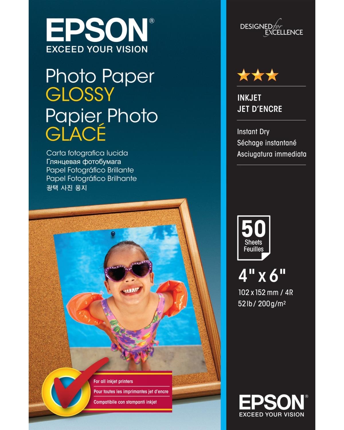 Ein Epson-Paket mit 50 Blatt glänzendem 4x6 Zoll Inkjet-Fotopapier.