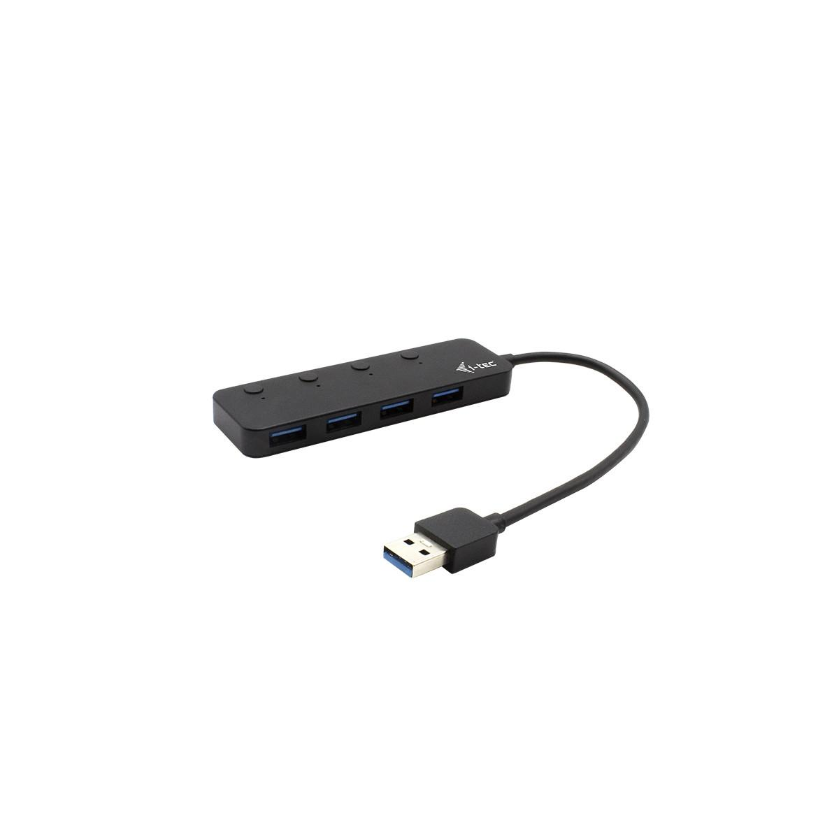 A black USB hub with four blue ports and a USB 3.0 connector.