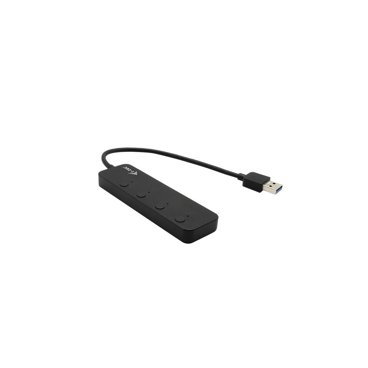 Black USB 3.0 hub with four ports and a blue connector.