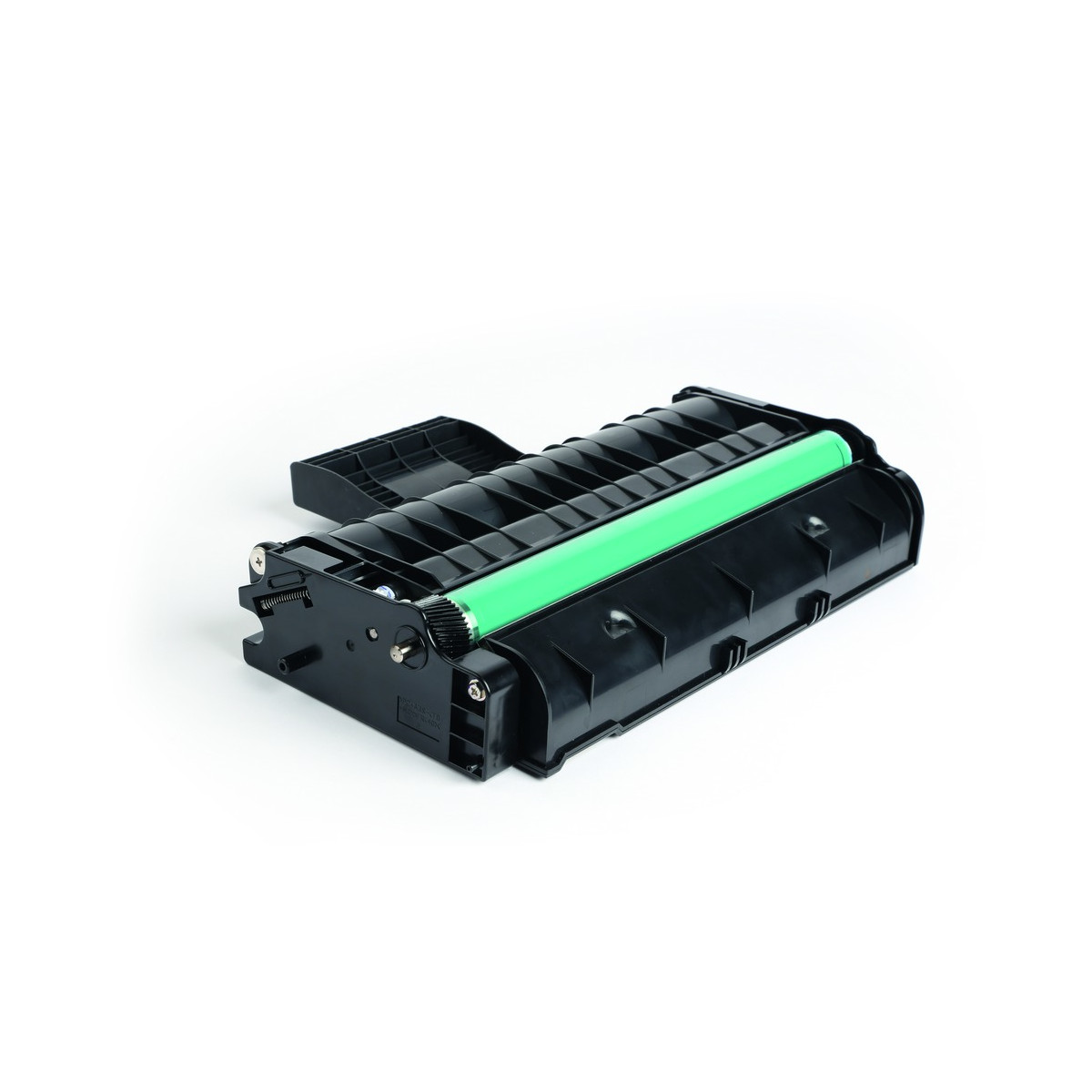 Ein schwarzer Toner mit einer leuchtend grünen Trommel auf weißem Hintergrund.