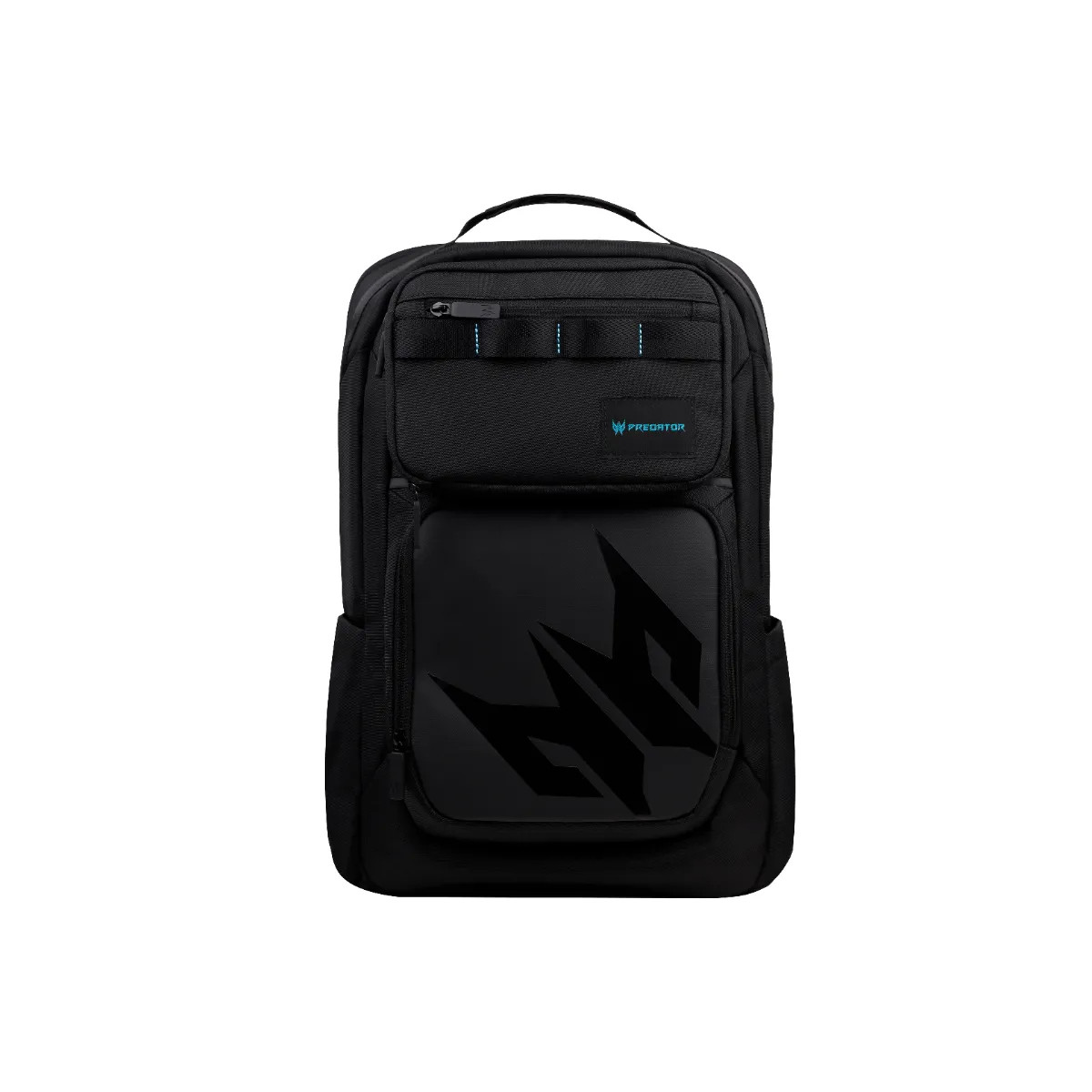 Mochila negra con logo Predator y texto azul. Fondo blanco.