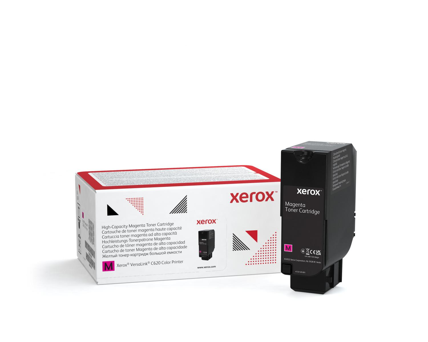 Czarny toner Xerox Magenta i białe pudełko z czerwonymi akcentami.