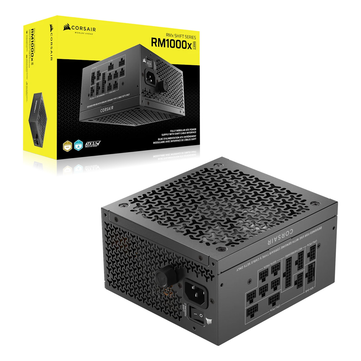Un alimentatore Corsair RM1000x nero con porte modulari e griglia della ventola.