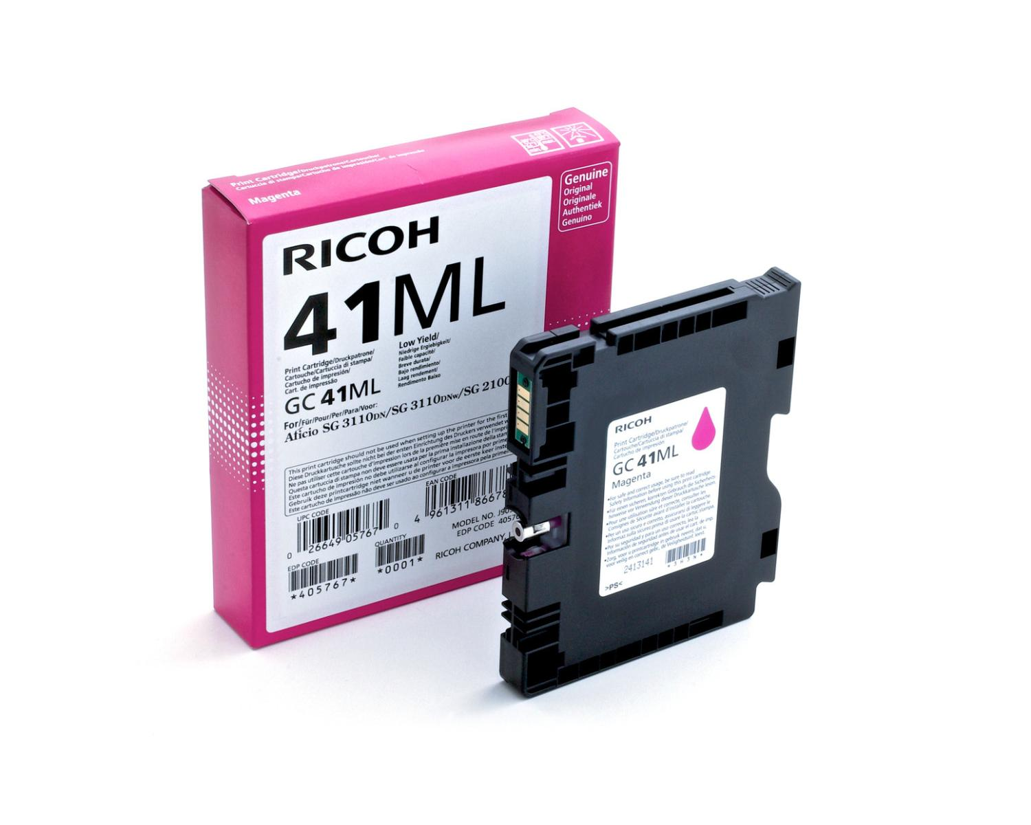 Una cartuccia d'inchiostro Ricoh 41ML magenta e la sua scatola sono affiancate.