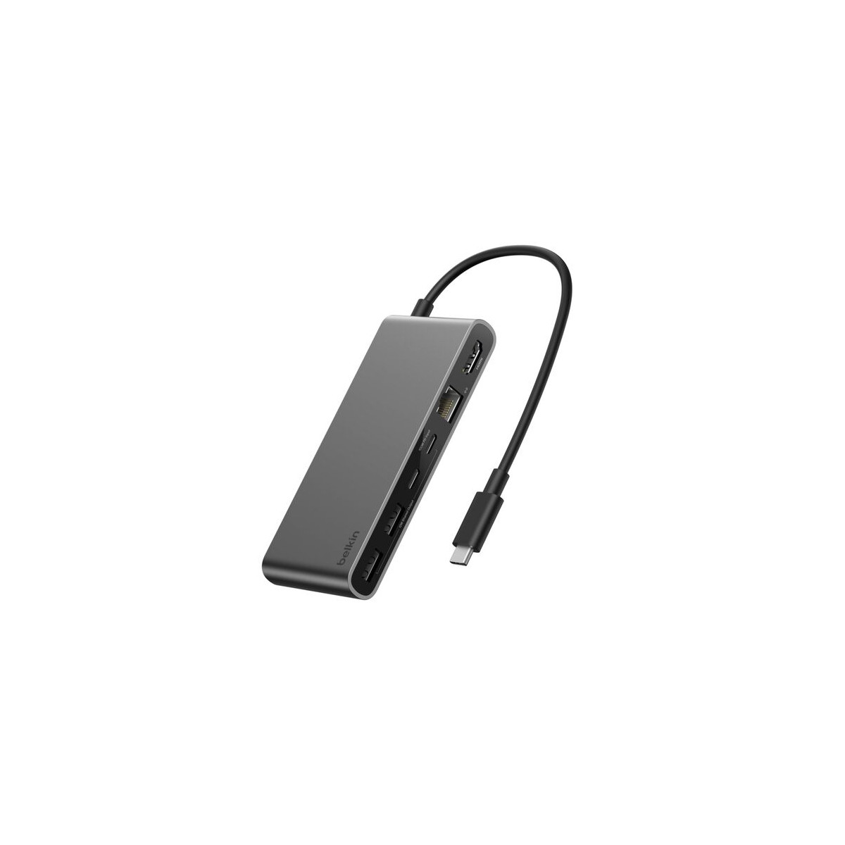 Grauer USB-C-Hub mit HDMI-, Ethernet- und USB-Anschlüssen und einem Kabel.