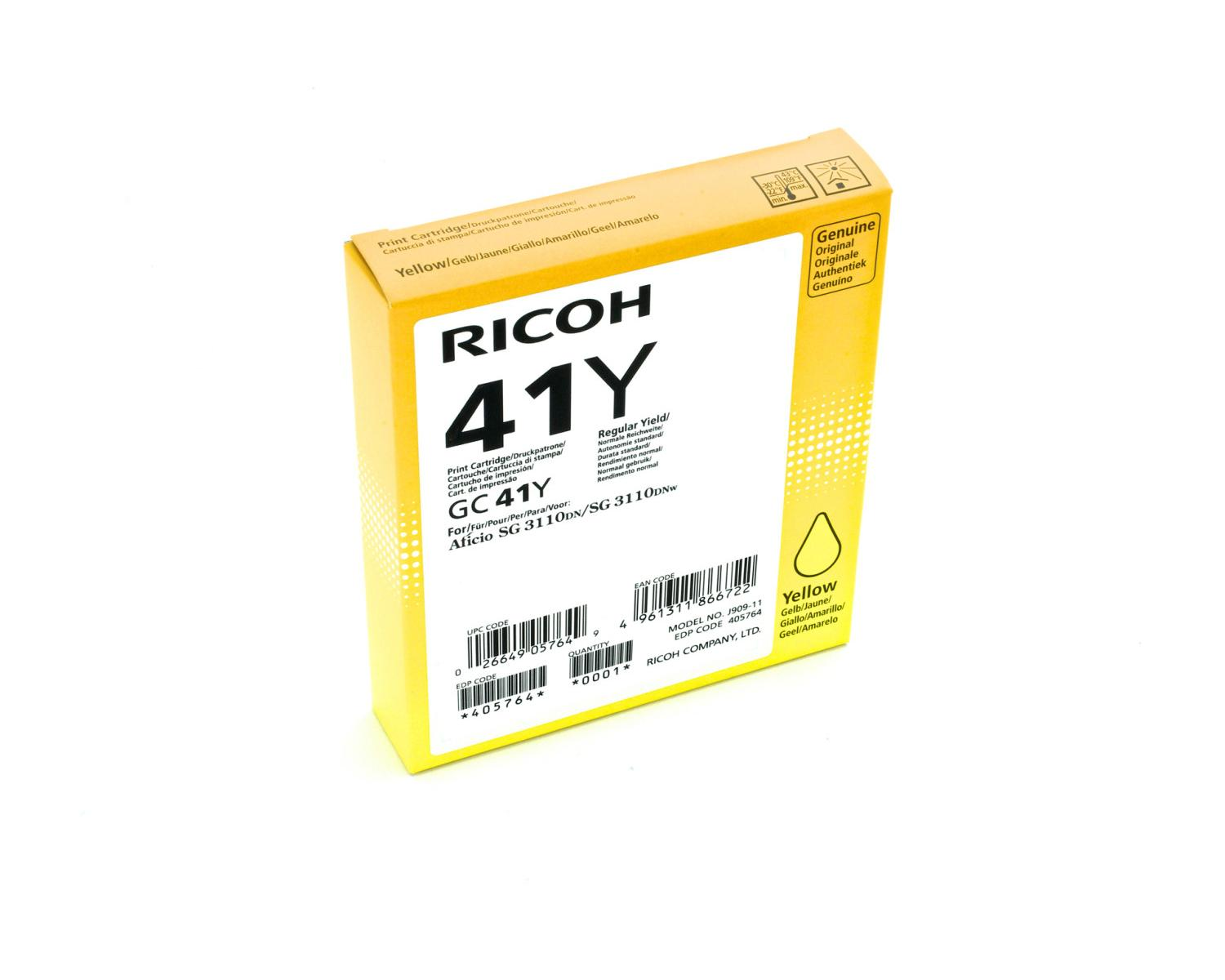 Ricoh 41Y gele inktcartridge, model GC 41Y, voor SG 3110DN/DNw printer.