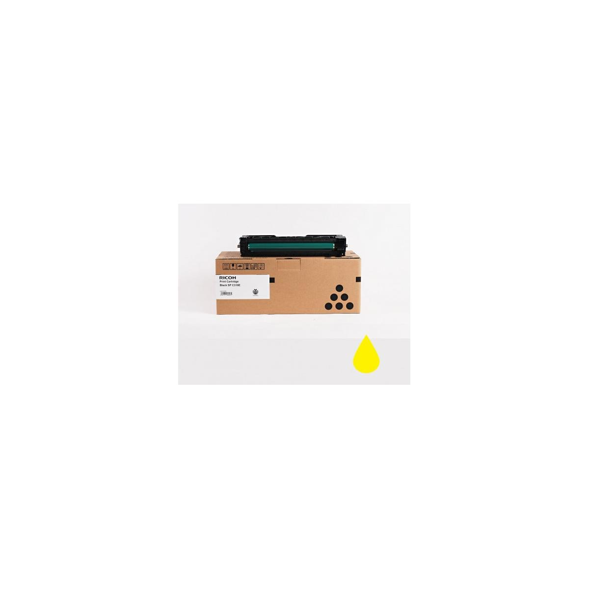 Cartuccia toner Ricoh nera su scatola marrone con icona goccia gialla.