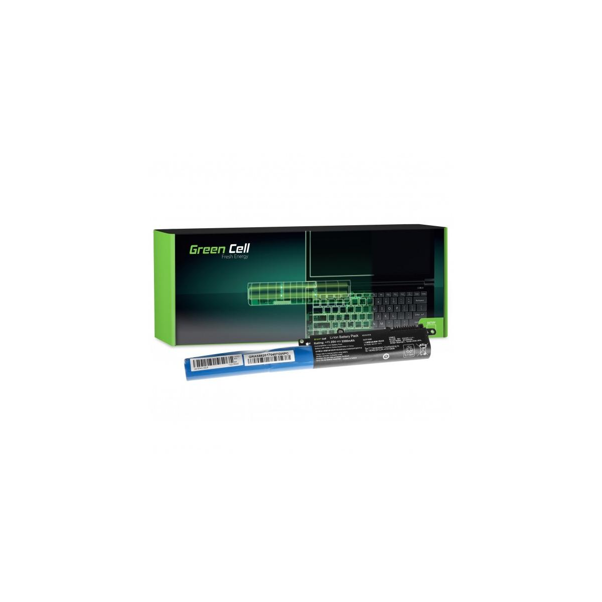 Green Cell Li-ion Akku mit Barcode, neben seiner Verpackung mit Tastatur.
