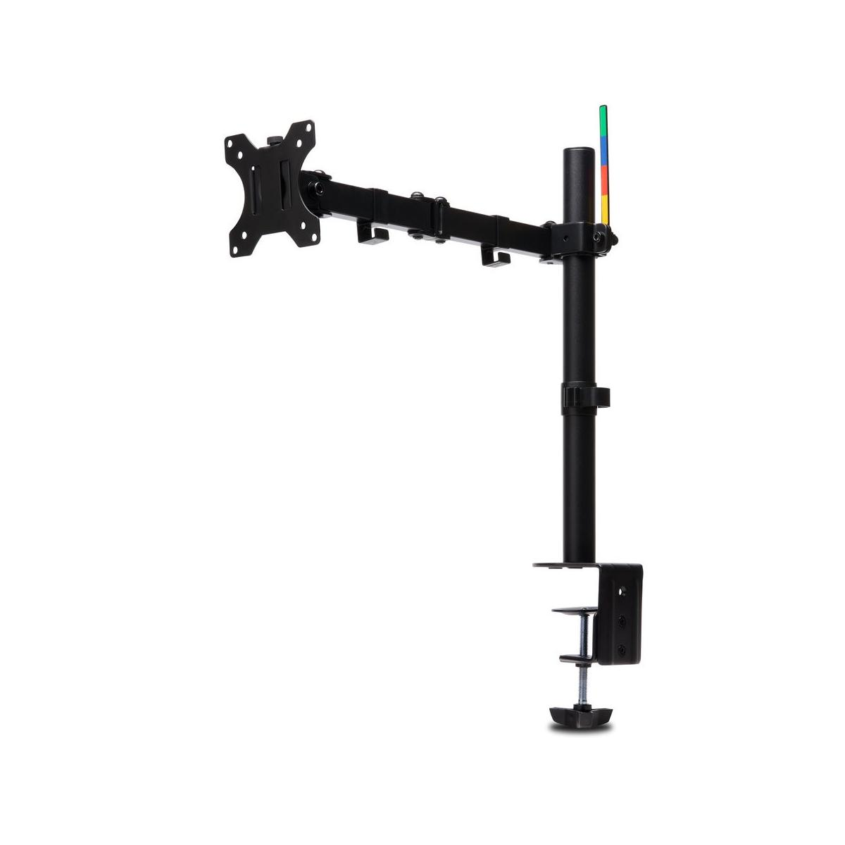 A black monitor arm with a clamp base attached to a desk.