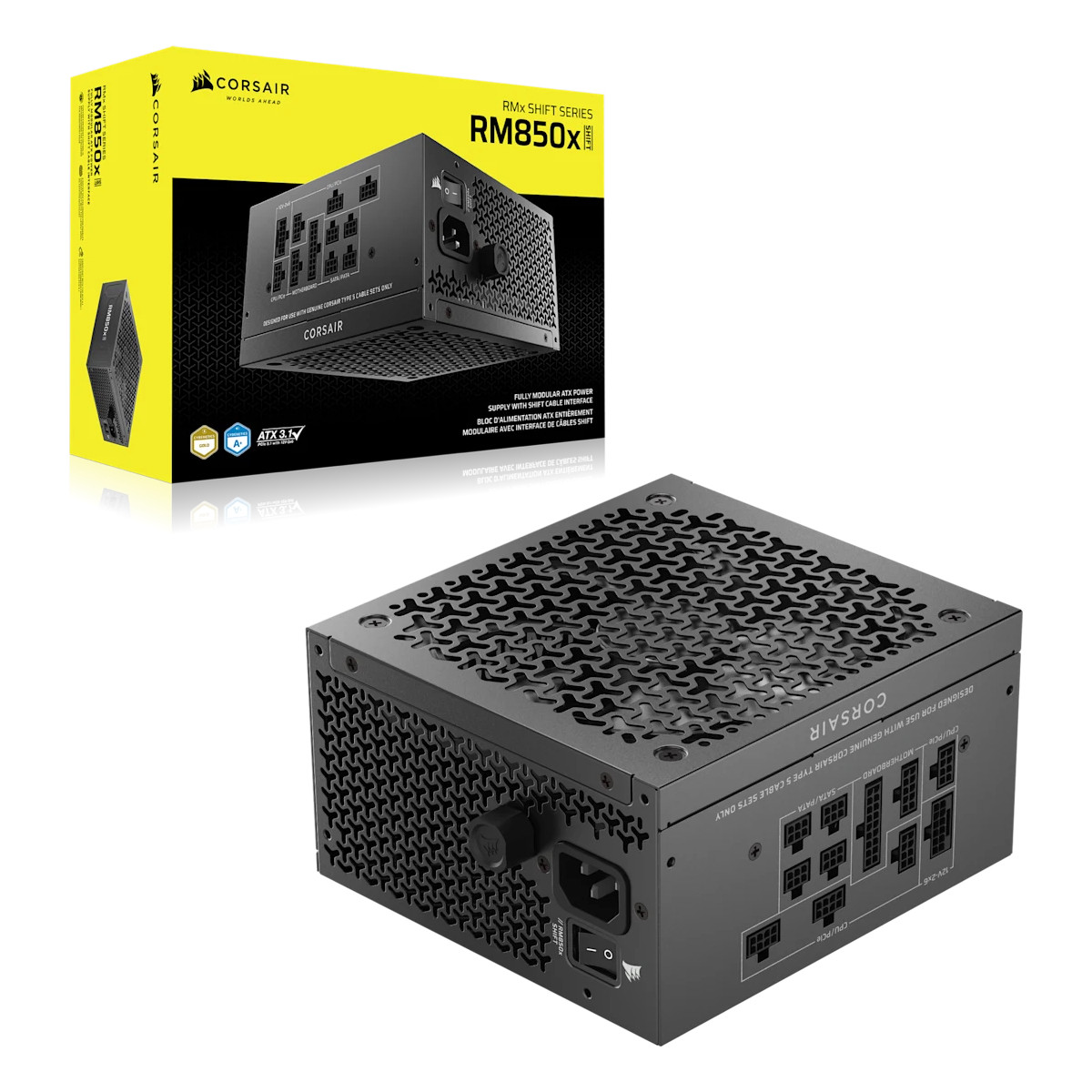 Alimentatore Corsair RM850x con porte modulari e la sua confezione gialla.