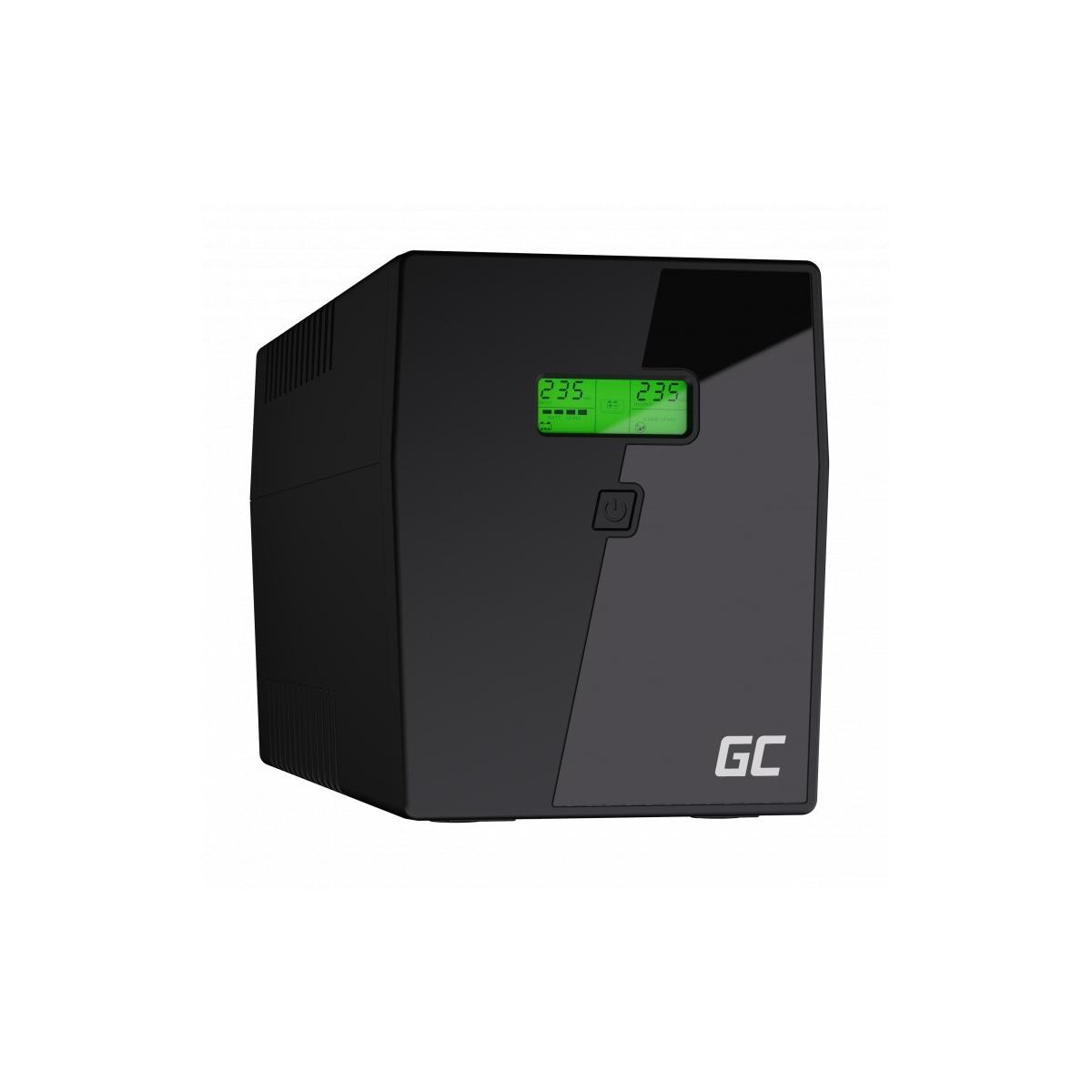 Schwarzer UPS-Blauer-Bildschirm mit grüner Anzeige, Leistungsmesser und GC-Logo.