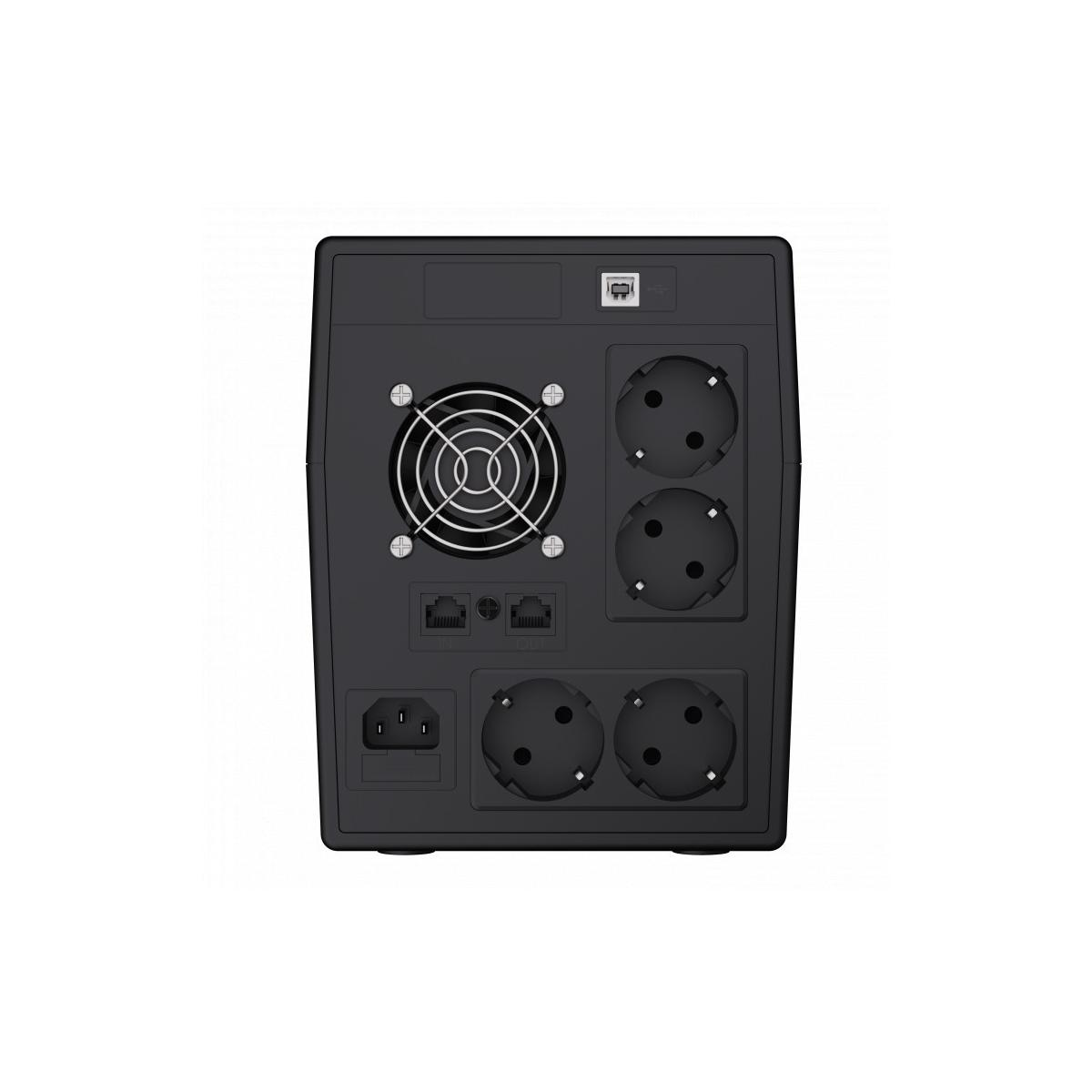 Rückansicht einer schwarzen USV mit Lüfter, USB, RJ45 und mehreren Steckdosen.