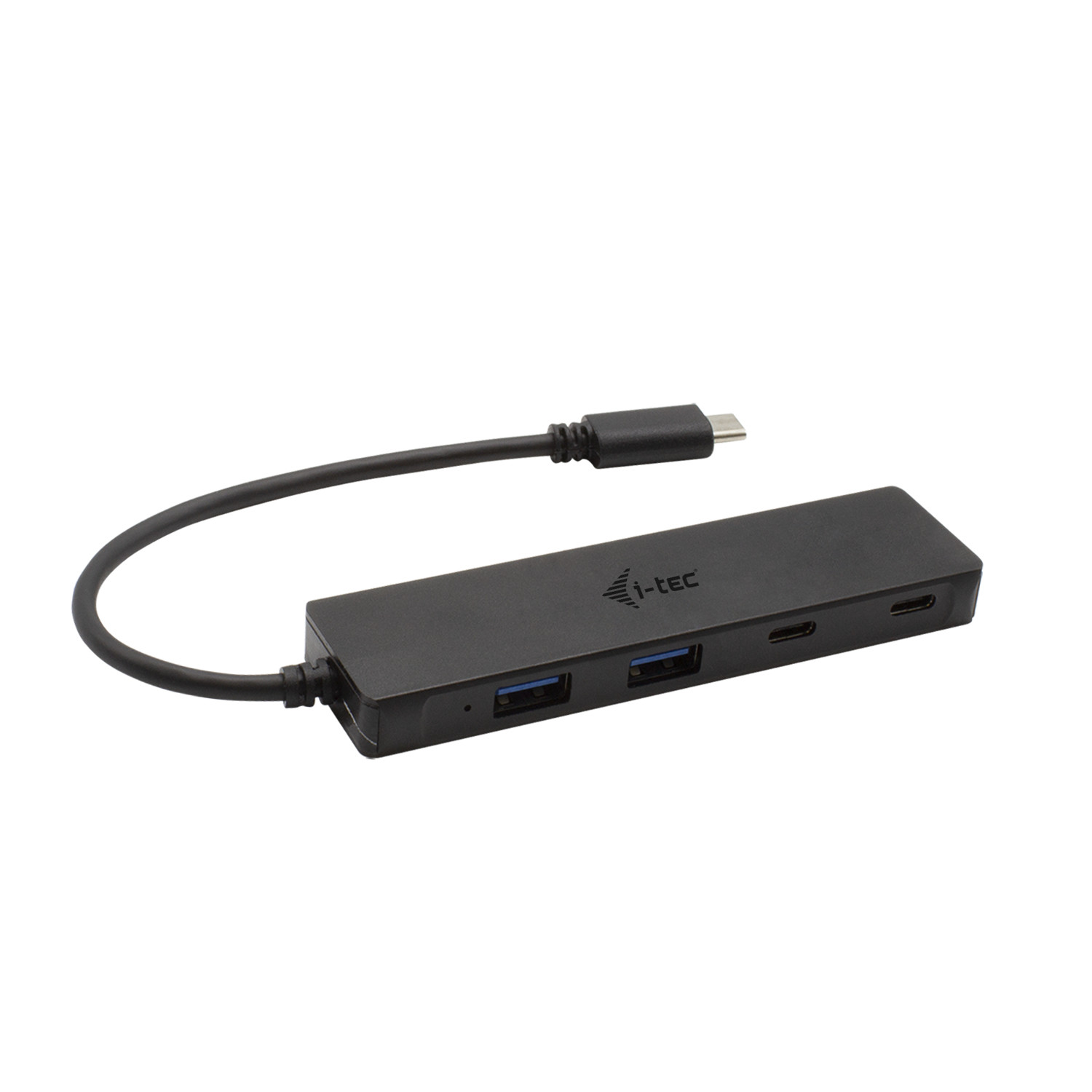 Schwarzer USB-C-Hub mit zwei USB-A-Anschlüssen und zwei USB-C-Anschlüssen.