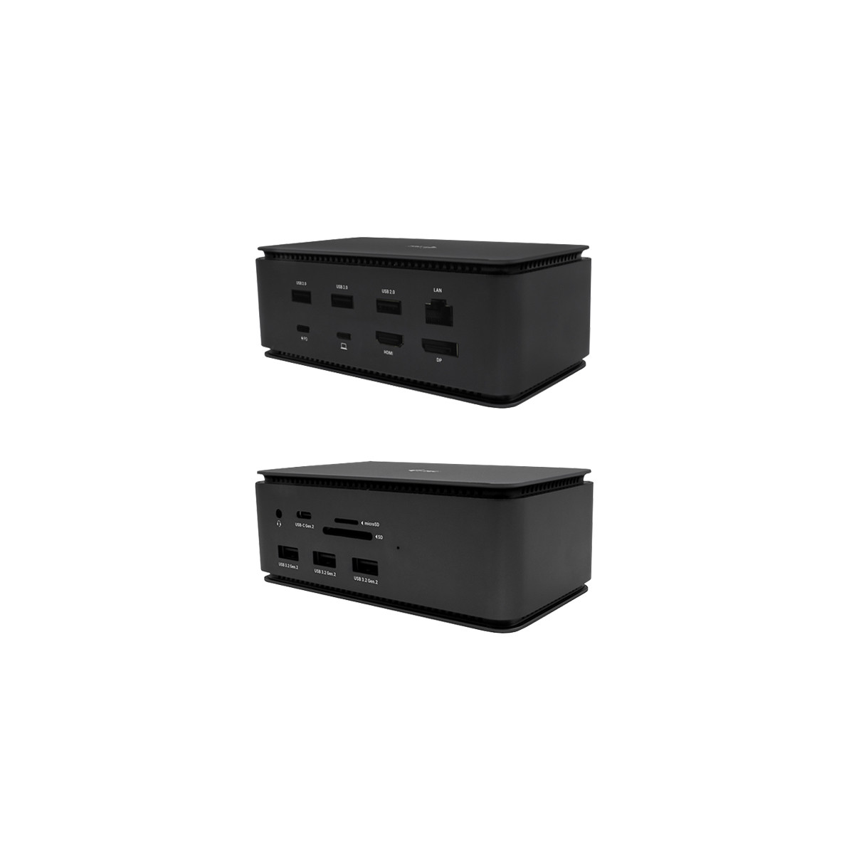 Due docking station nere con porte come USB-C, HDMI e LAN.