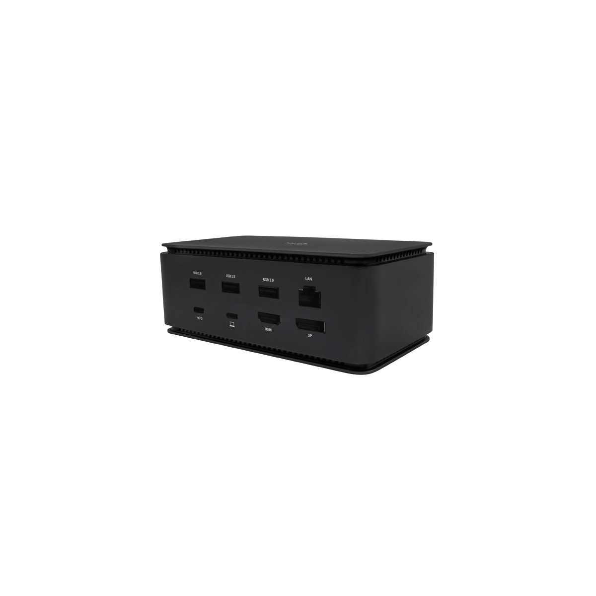 Docking station nera con porte: USB 2.0, USB 3.0, LAN, HDMI, DP.