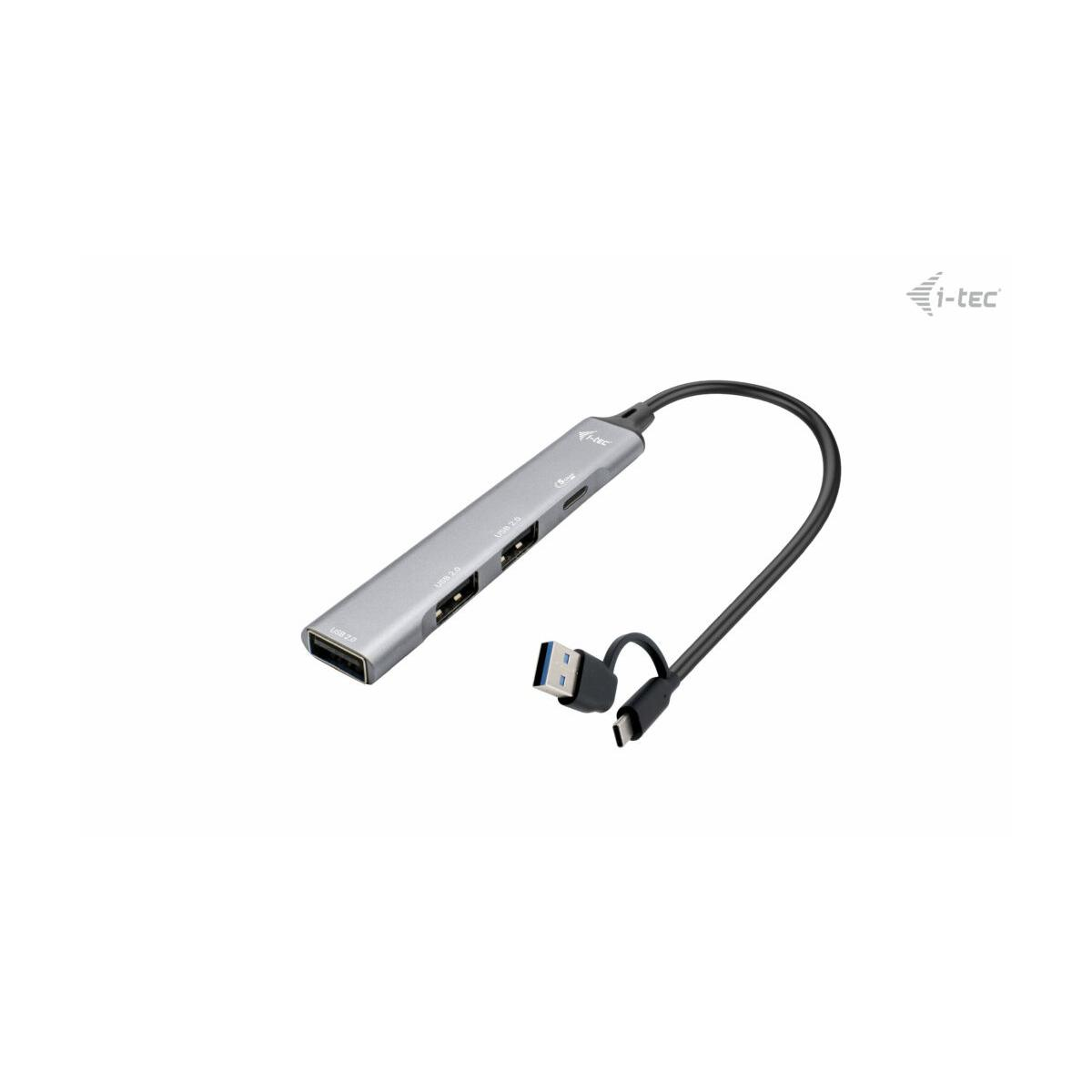 Grijze USB-C hub met meerdere poorten, HDMI en USB-A.