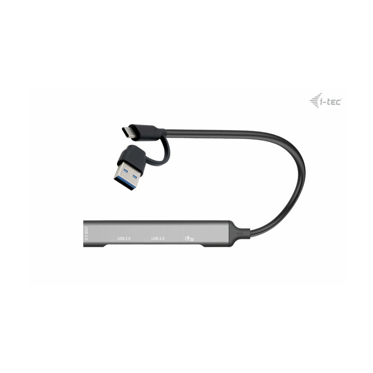 Grijze USB-C hub met twee USB-A poorten en een USB-C kabel.