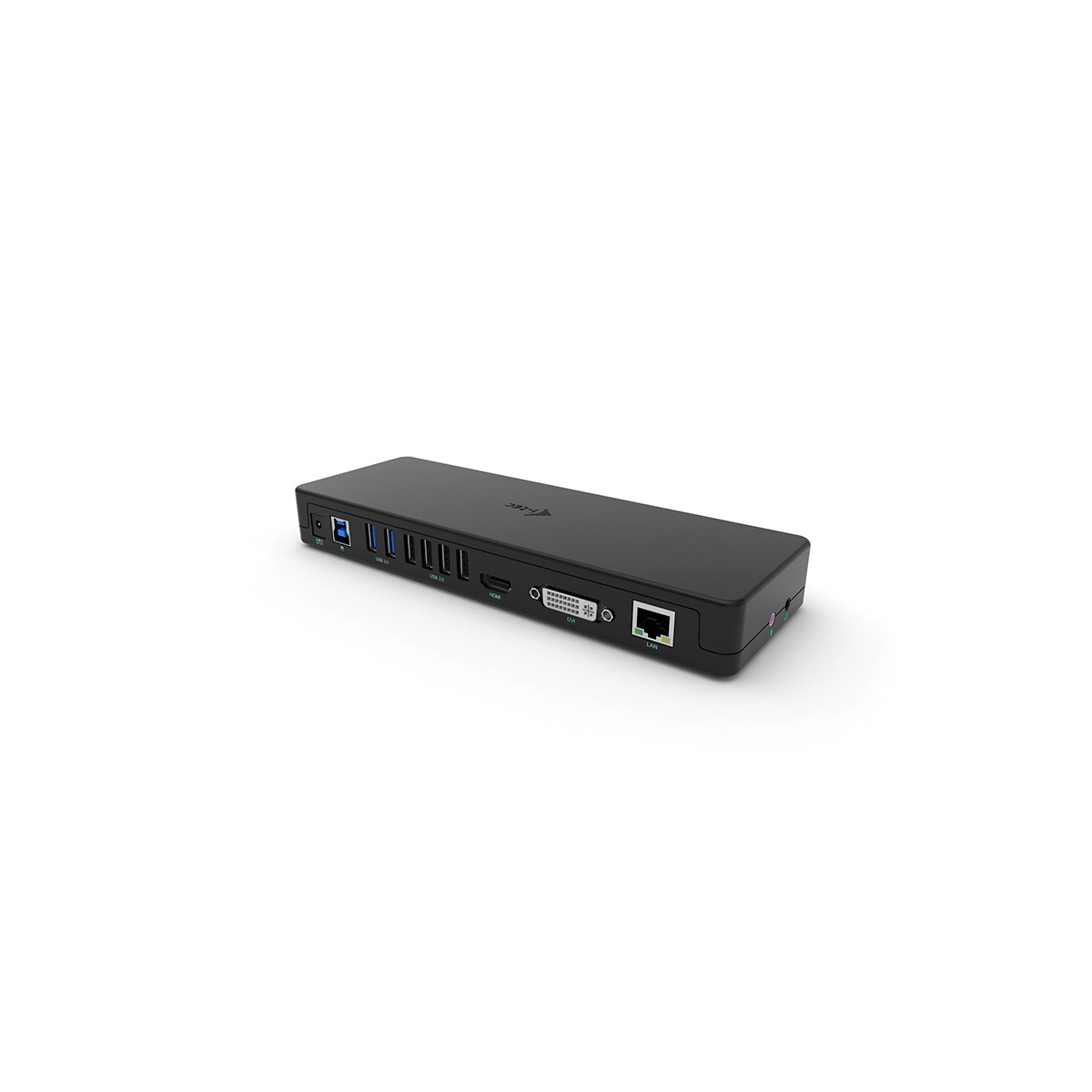 Schwarze Dockingstation mit mehreren Anschlüssen: USB, HDMI, DVI und LAN.