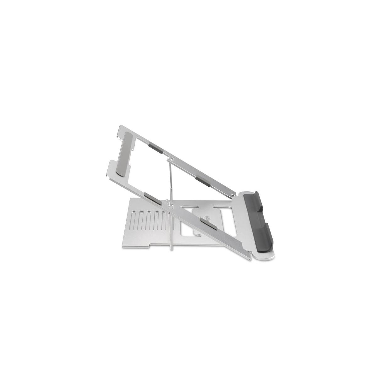 Un support d'ordinateur portable argenté en métal avec angles réglables et poignées en caoutchouc.