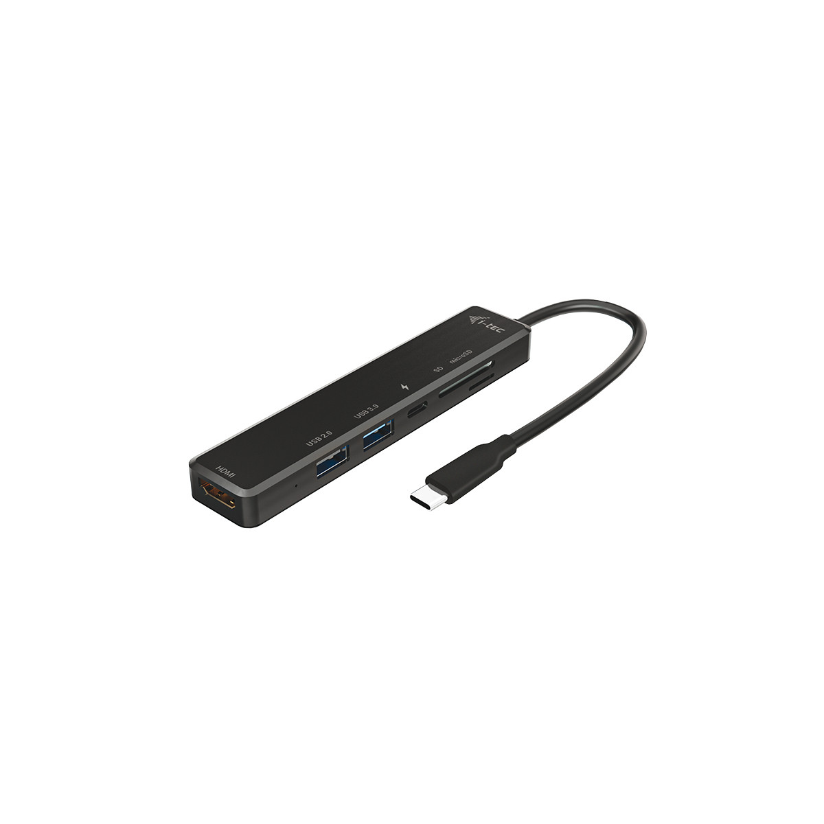 Hub USB-C nero con HDMI, USB 3.0, USB 2.0, slot per schede SD e microSD.