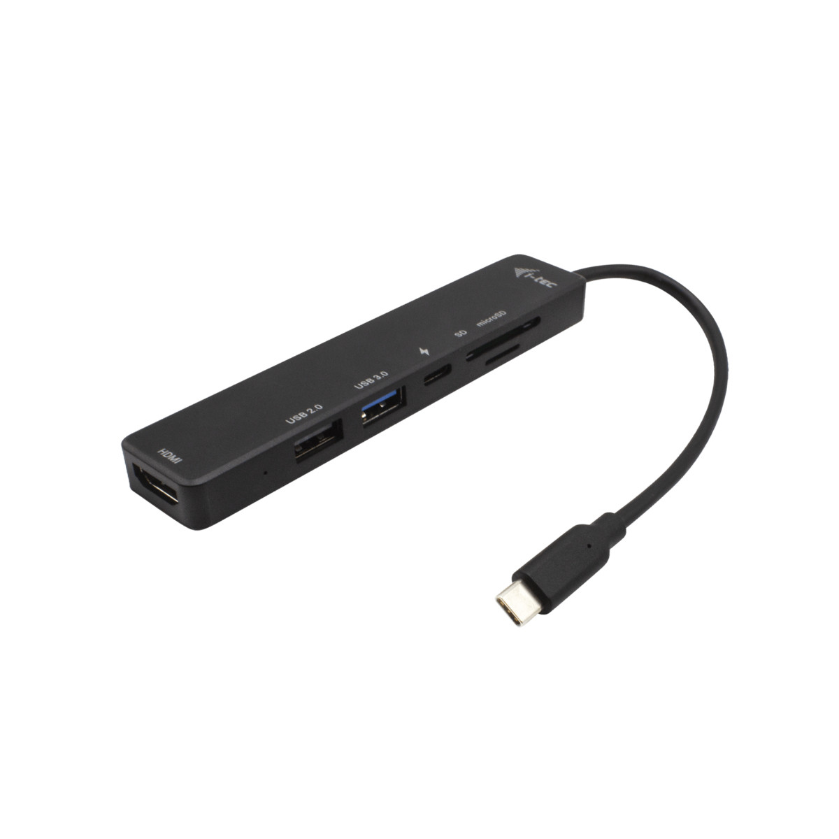 Hub USB-C nero con porte HDMI, USB 2.0, USB 3.0, SD e microSD.