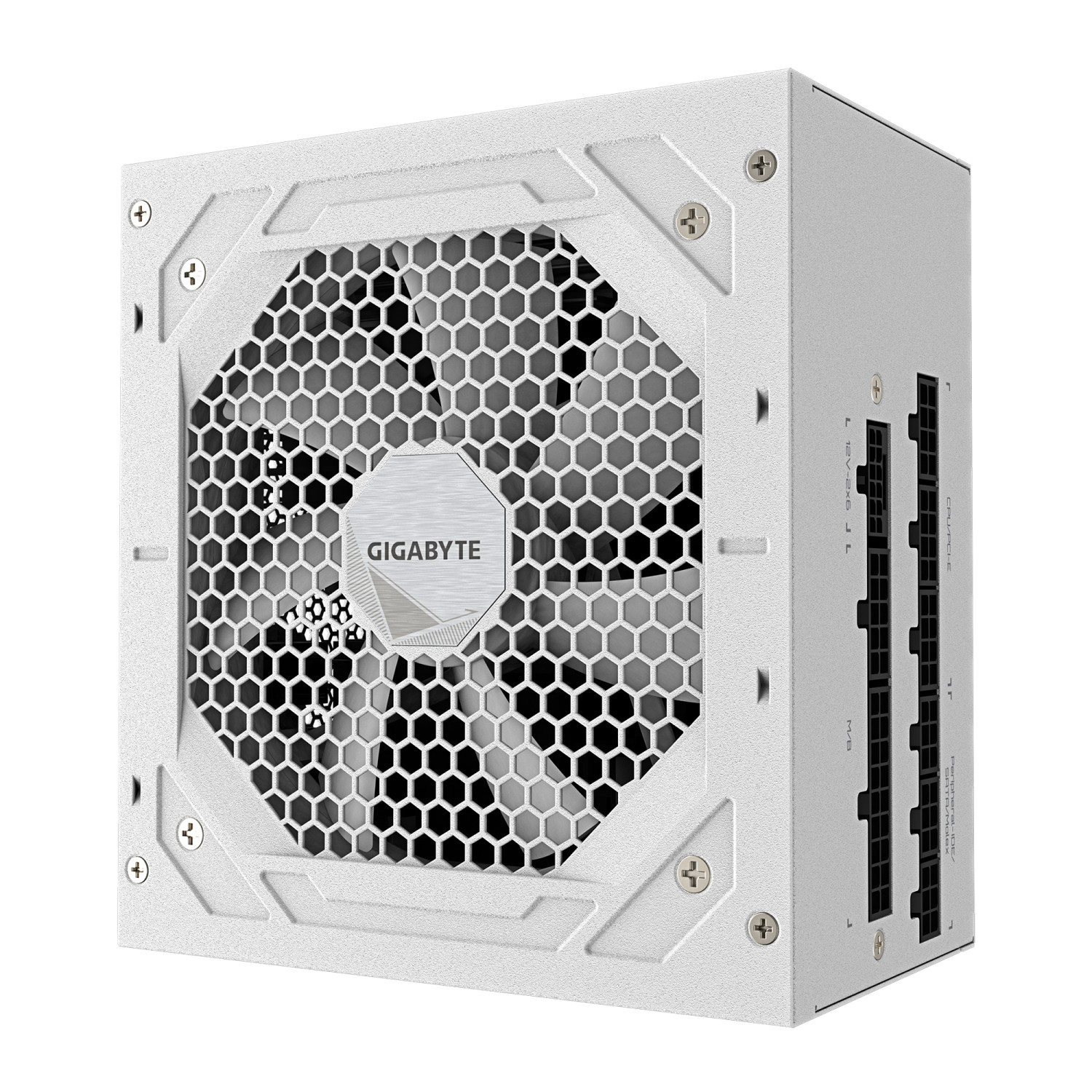 Alimentatore Gigabyte bianco con griglia ventola a nido d'ape e porte modulari.