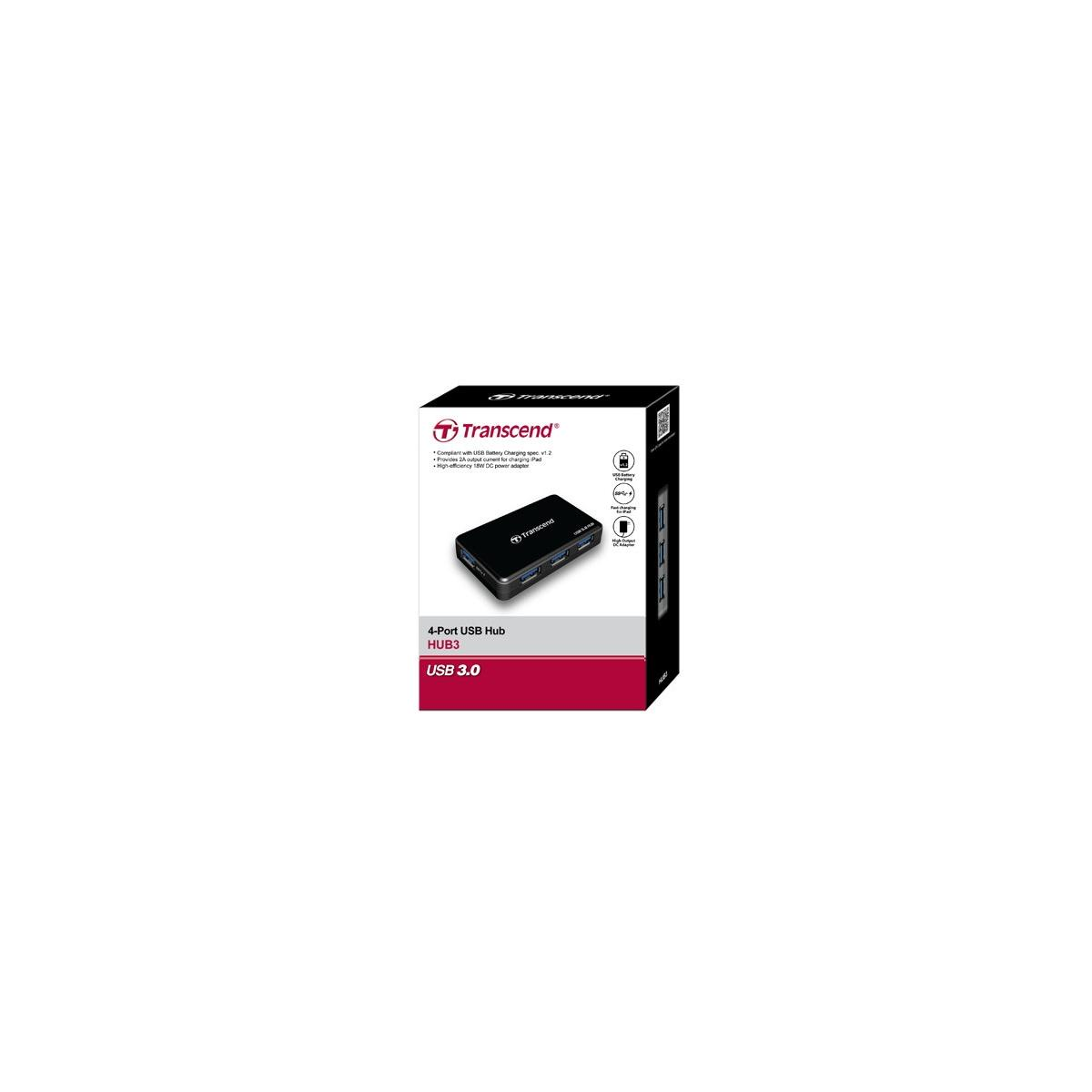 Transcend 4 Bağlantı Noktalı USB 3.0 Hub HUB3 siyah kutusunda.