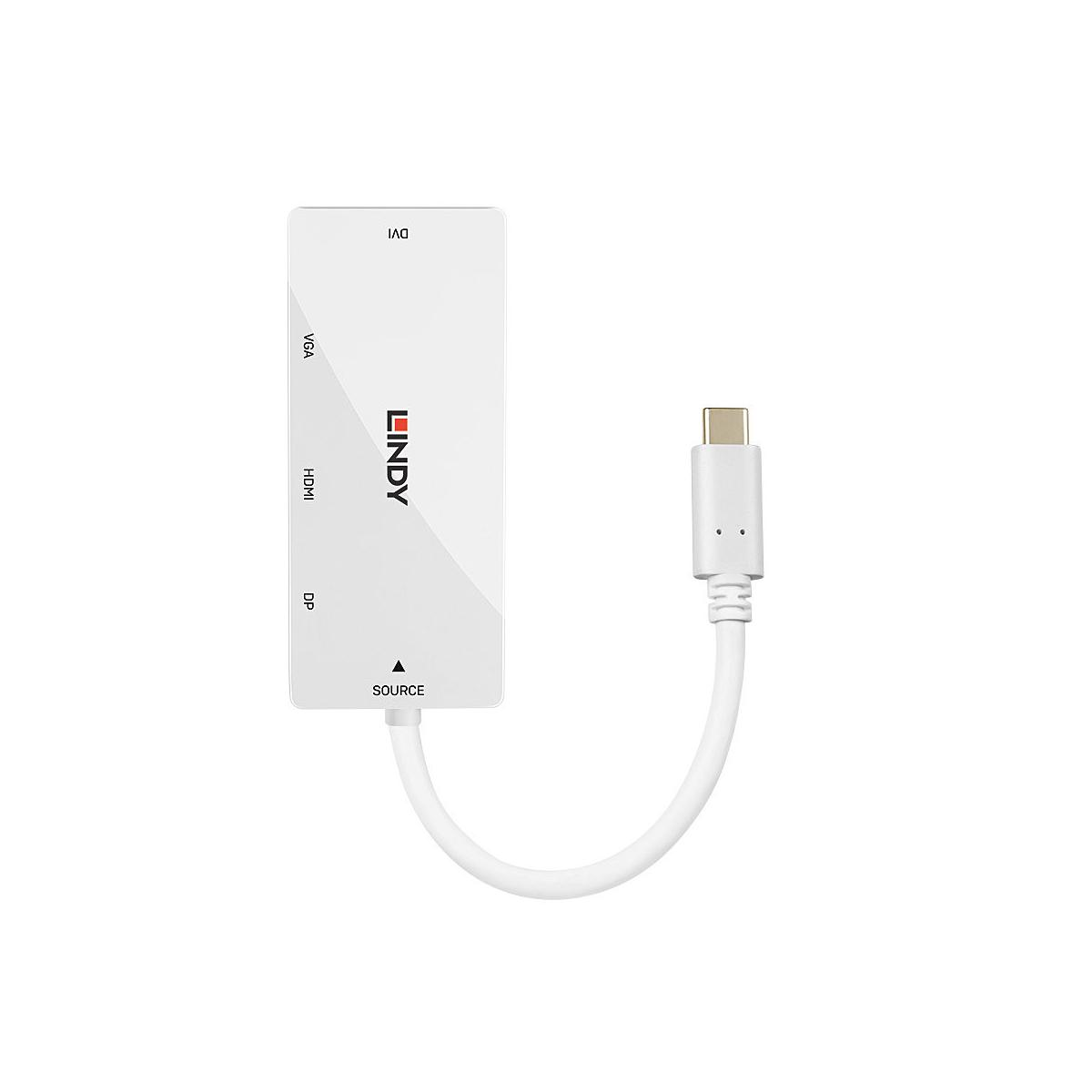 Un adattatore Lindy bianco con spina USB-C. Porte: DVI, VGA, HDMI, DP.