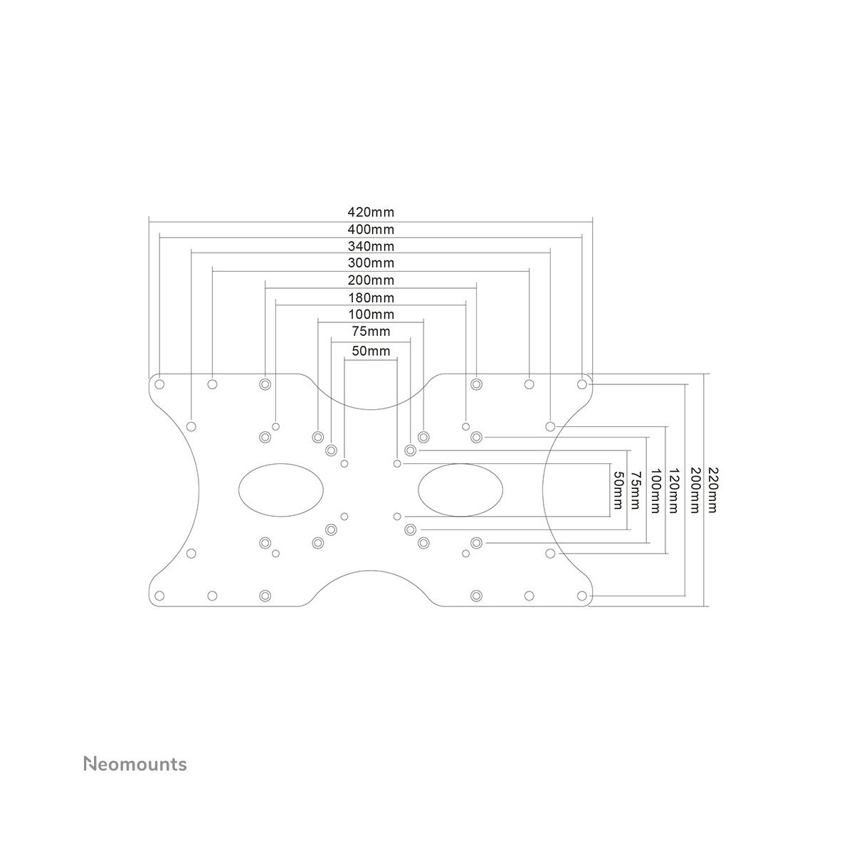 Technische Zeichnung mit Maßen für eine Halterung. Neomounts Logo unten links.