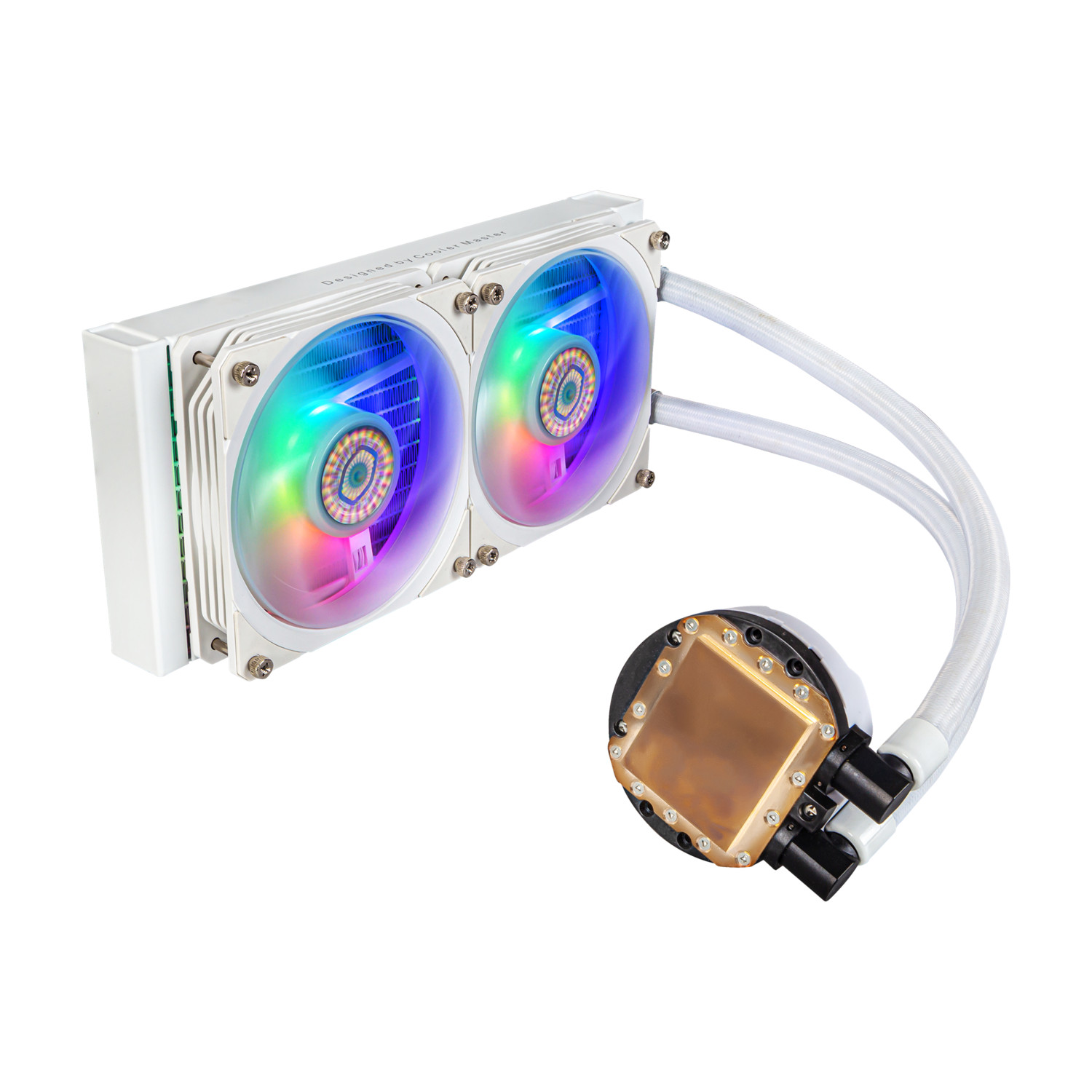 Enfriador de CPU de ordenador blanco con dos ventiladores RGB y bloque de bomba circular.
